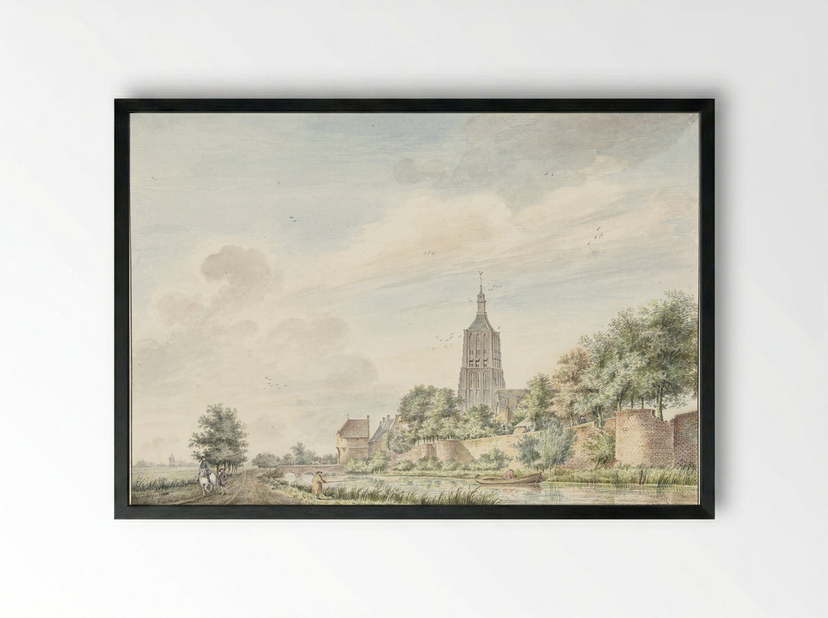Gezicht op Asperen met de stadsmuren en de kerktoren - Jacobus Versteegen - Framed Print Black