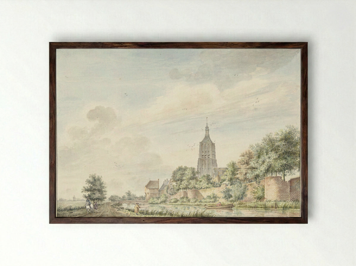 Gezicht op Asperen met de stadsmuren en de kerktoren - Jacobus Versteegen - Framed Print Dark Wood