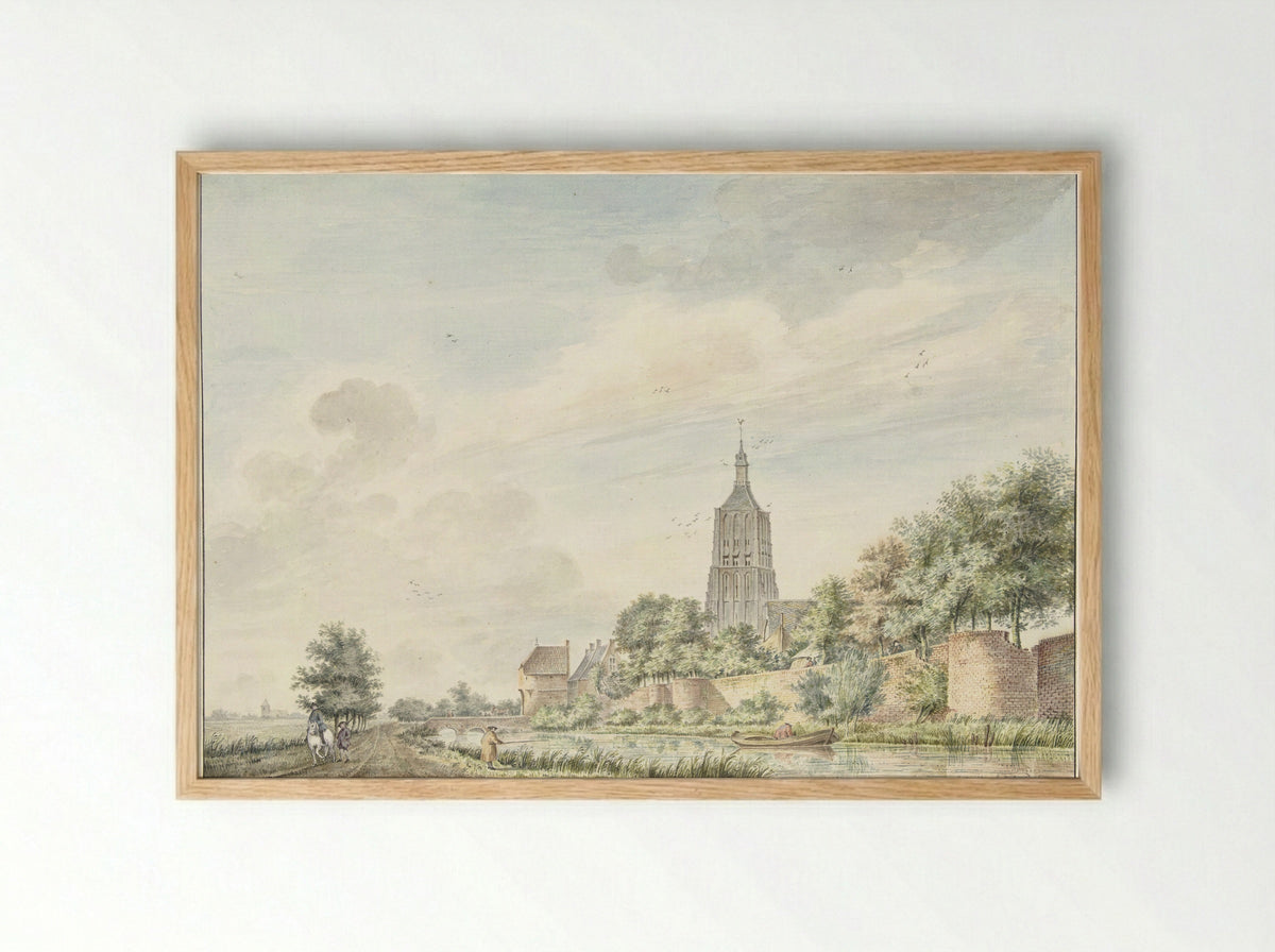 Gezicht op Asperen met de stadsmuren en de kerktoren - Jacobus Versteegen - Framed Print Wood