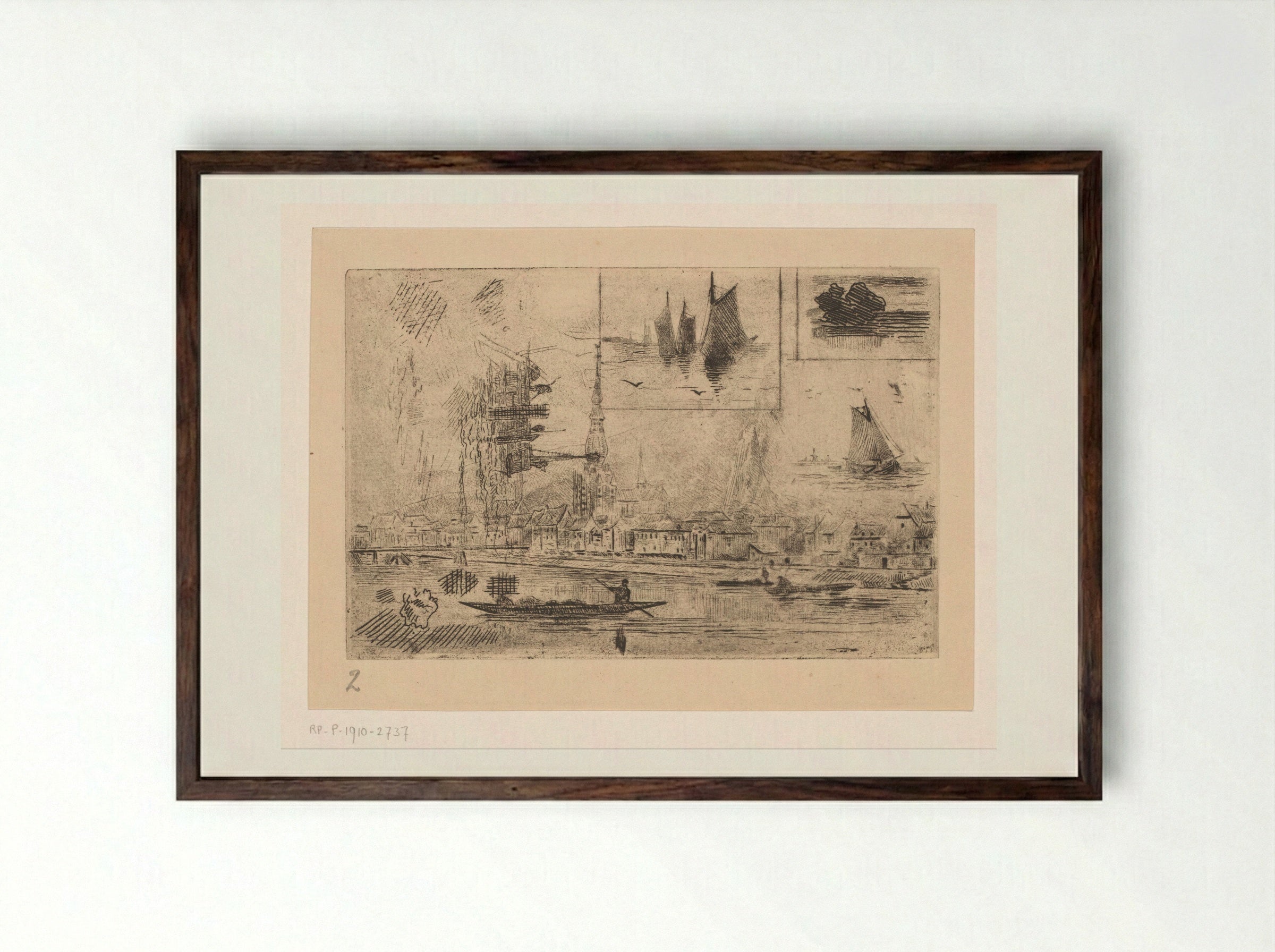 Gezicht op Dinant en zeegezichten met zeilschepen - Carel Nicolaas Storm van 's-Gravesande - Framed Print Dark Wood