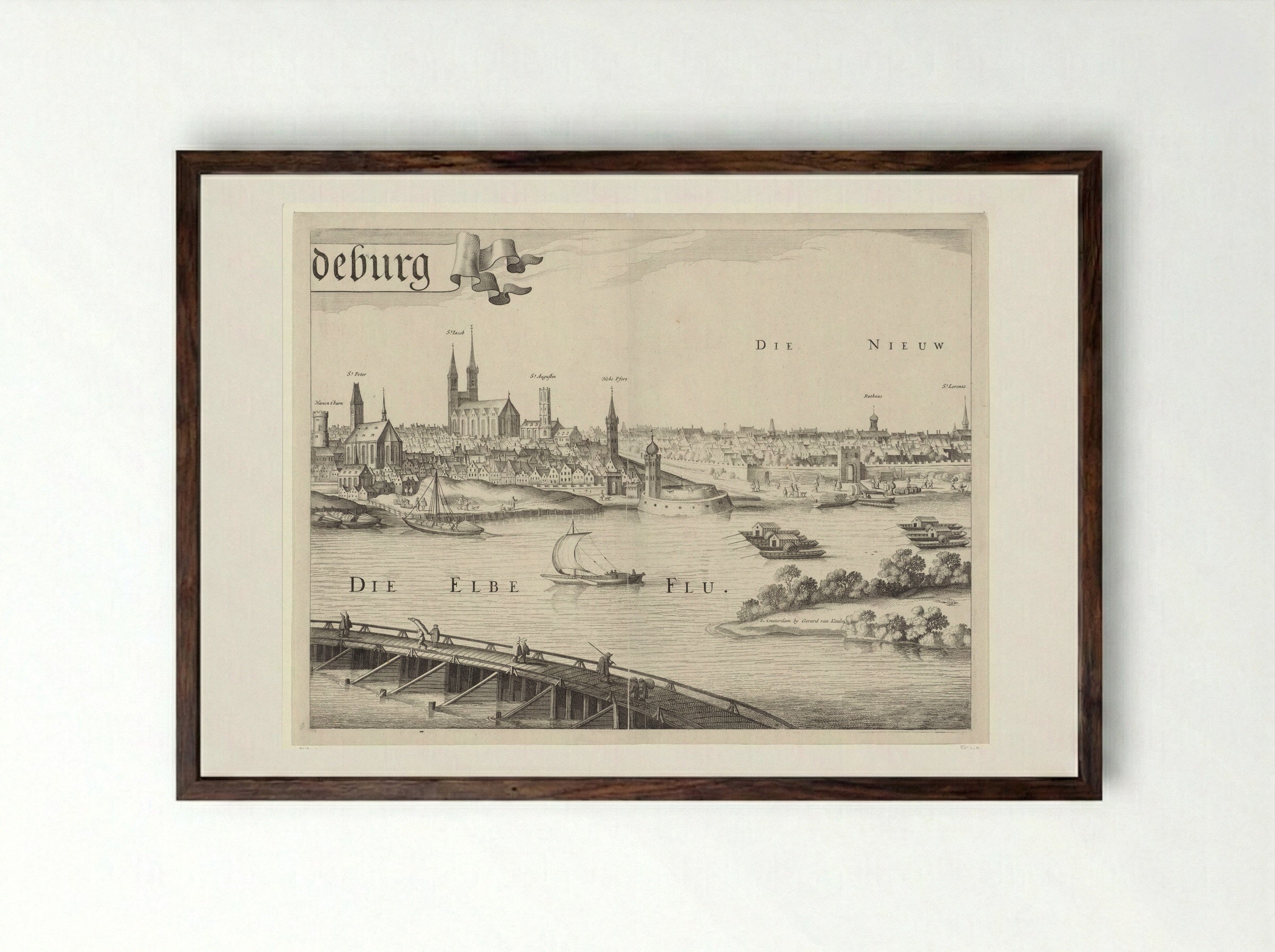 Gezicht op Maagdenburg, rechter middenblad - Jan van de Velde II - Framed Print Dark Wood