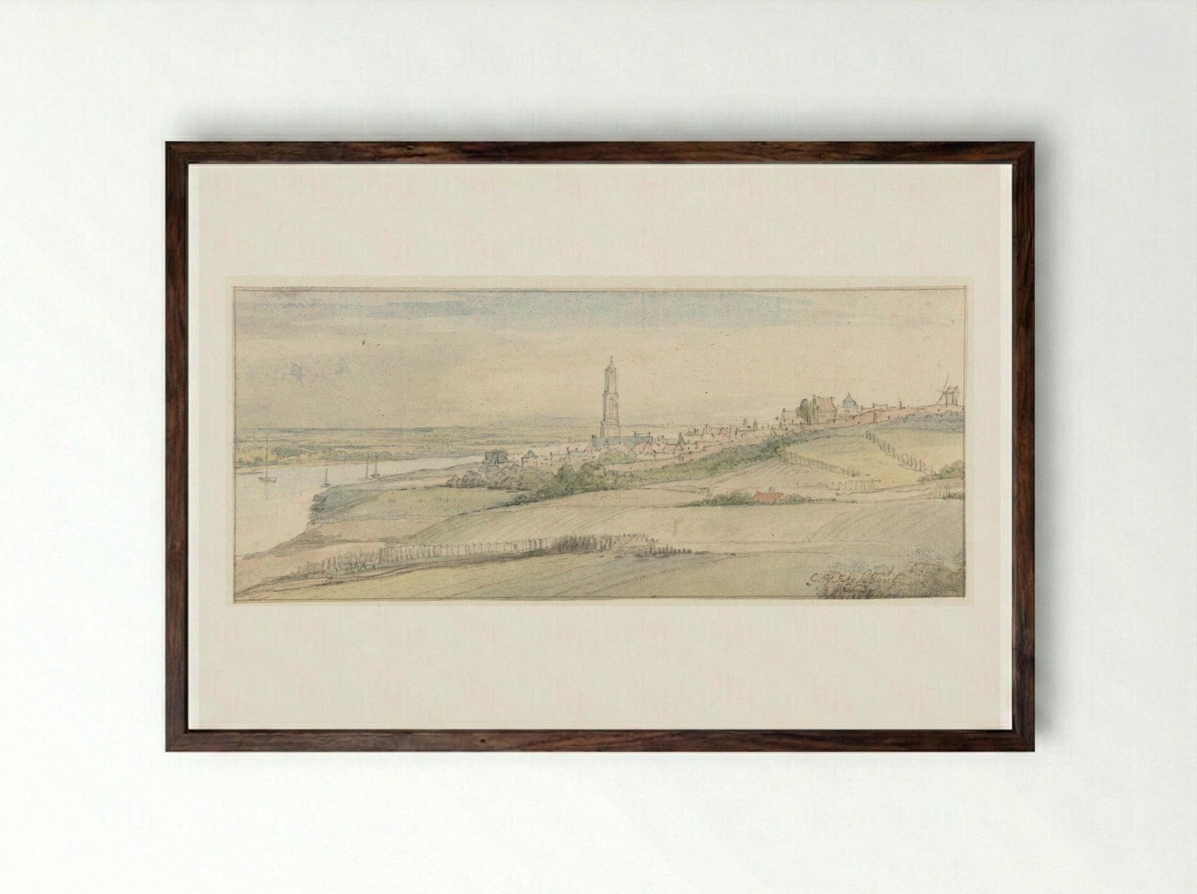 Gezicht op Rhenen en de Rijn vanuit het oosten - Gerbrand van den Eeckhout - Framed Print Dark Wood