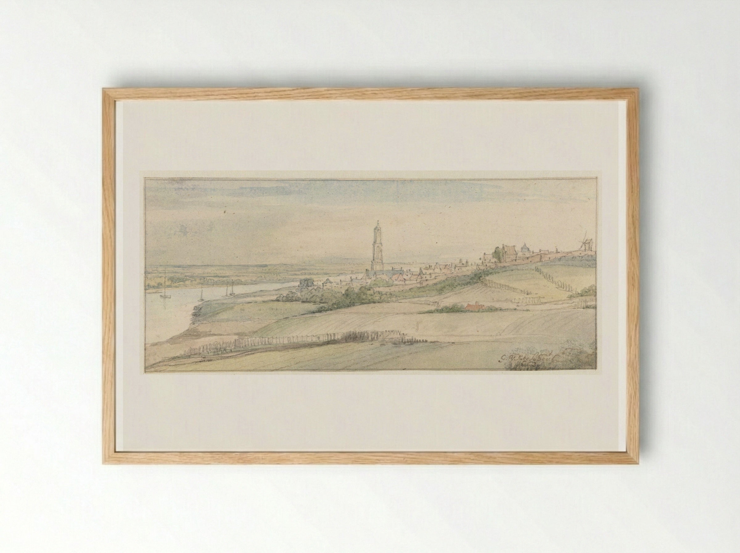 Gezicht op Rhenen en de Rijn vanuit het oosten - Gerbrand van den Eeckhout - Framed Print Wood