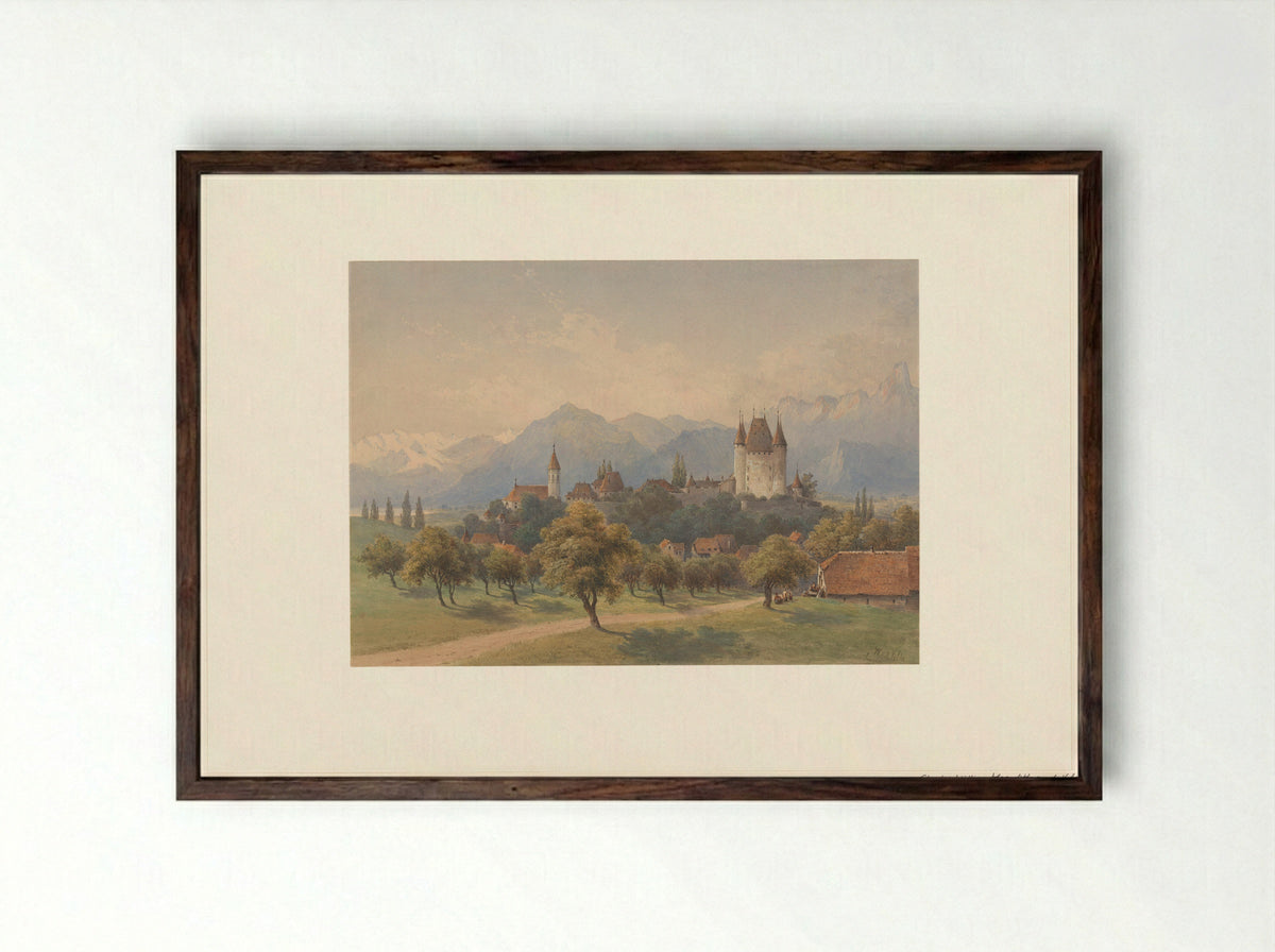 Gezicht op Thun, Zwitserland - Charles William Meredith van de Velde - Framed Print Dark Wood