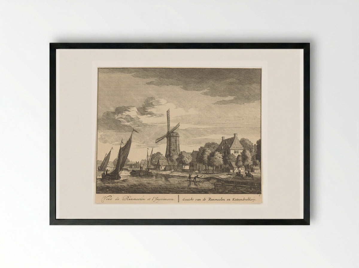 Gezicht op de Amstel bij de runmolen en katoendrukkerij - Matthijs Pool - Framed Print Black