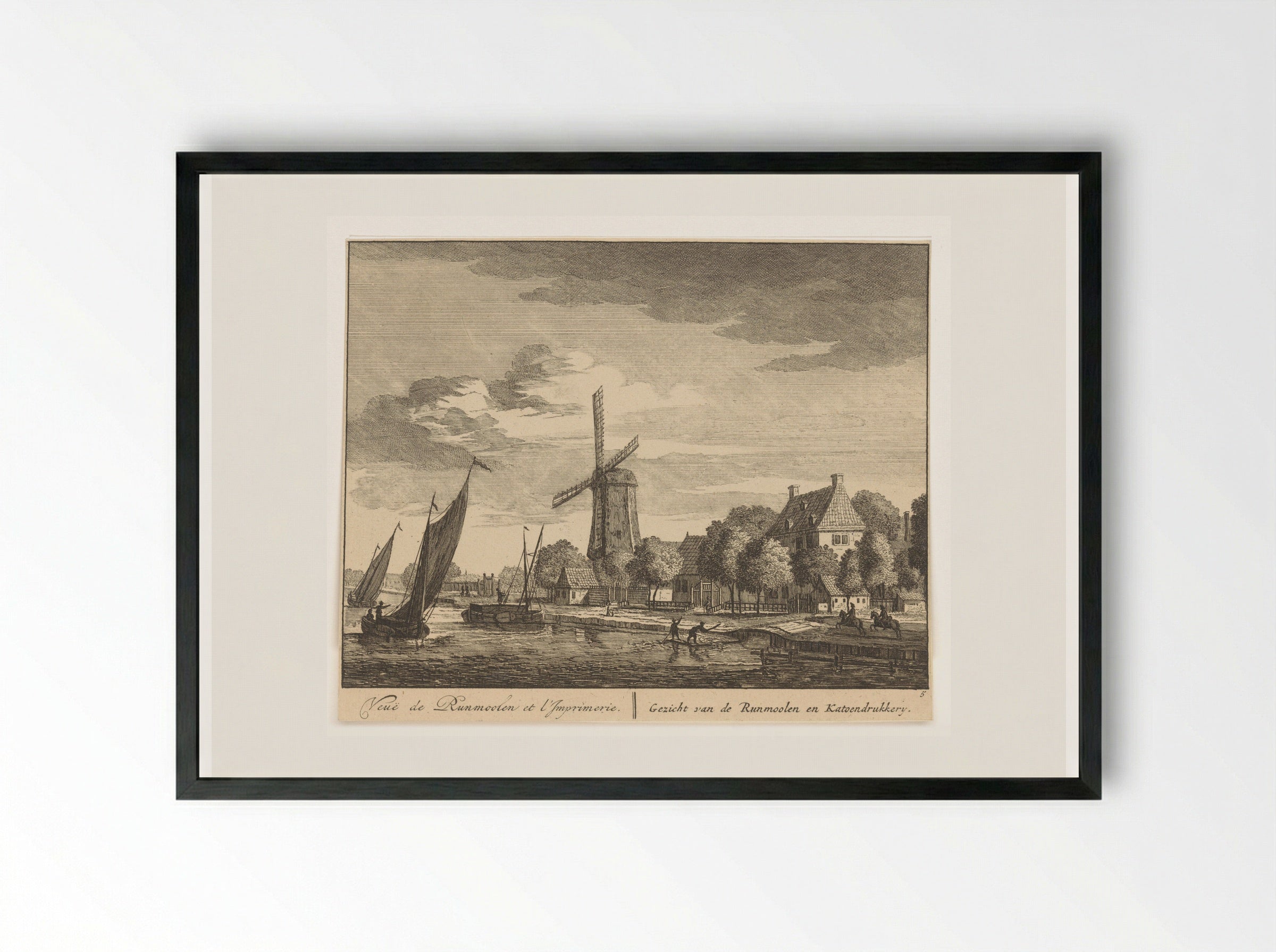 Gezicht op de Amstel bij de runmolen en katoendrukkerij - Matthijs Pool - Framed Print Black
