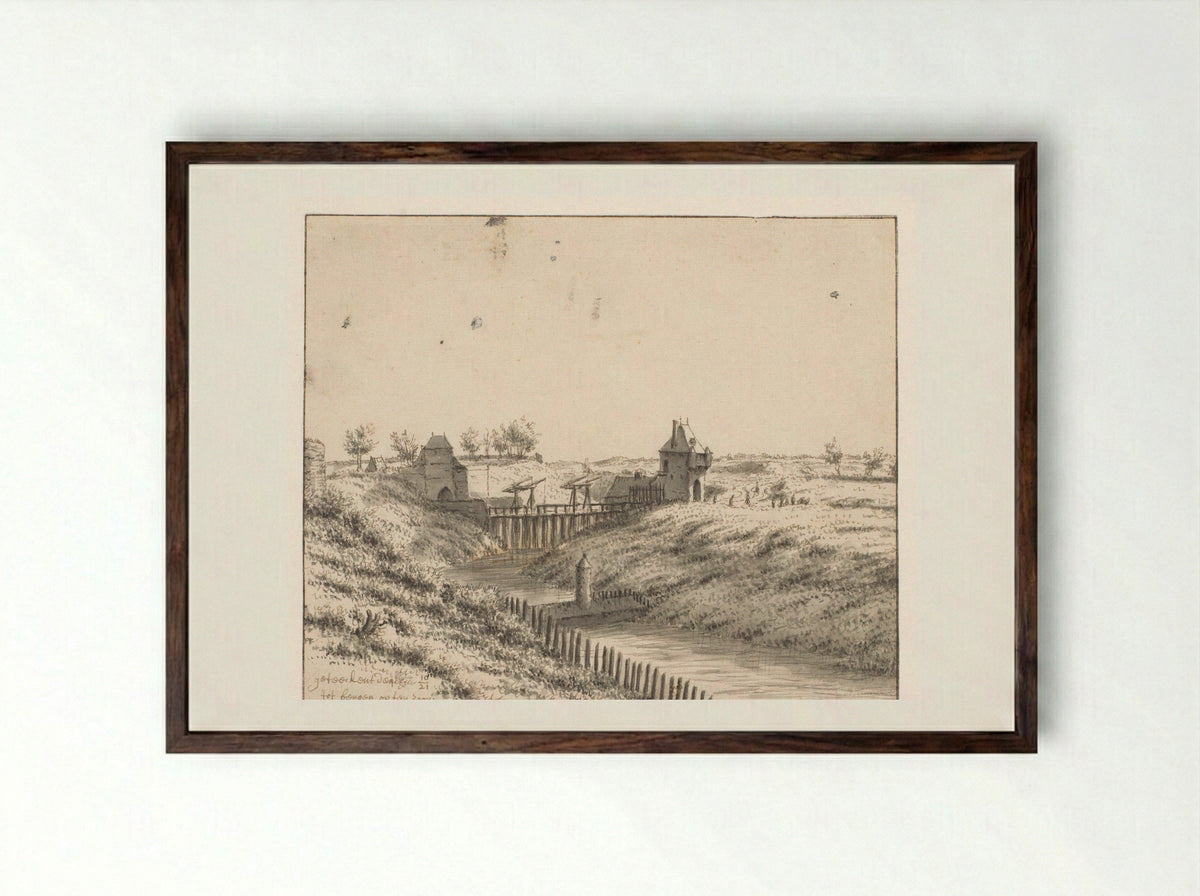 Gezicht op de Bospoort te Bergen op Zoom - Barend Klotz - Framed Print Dark Wood