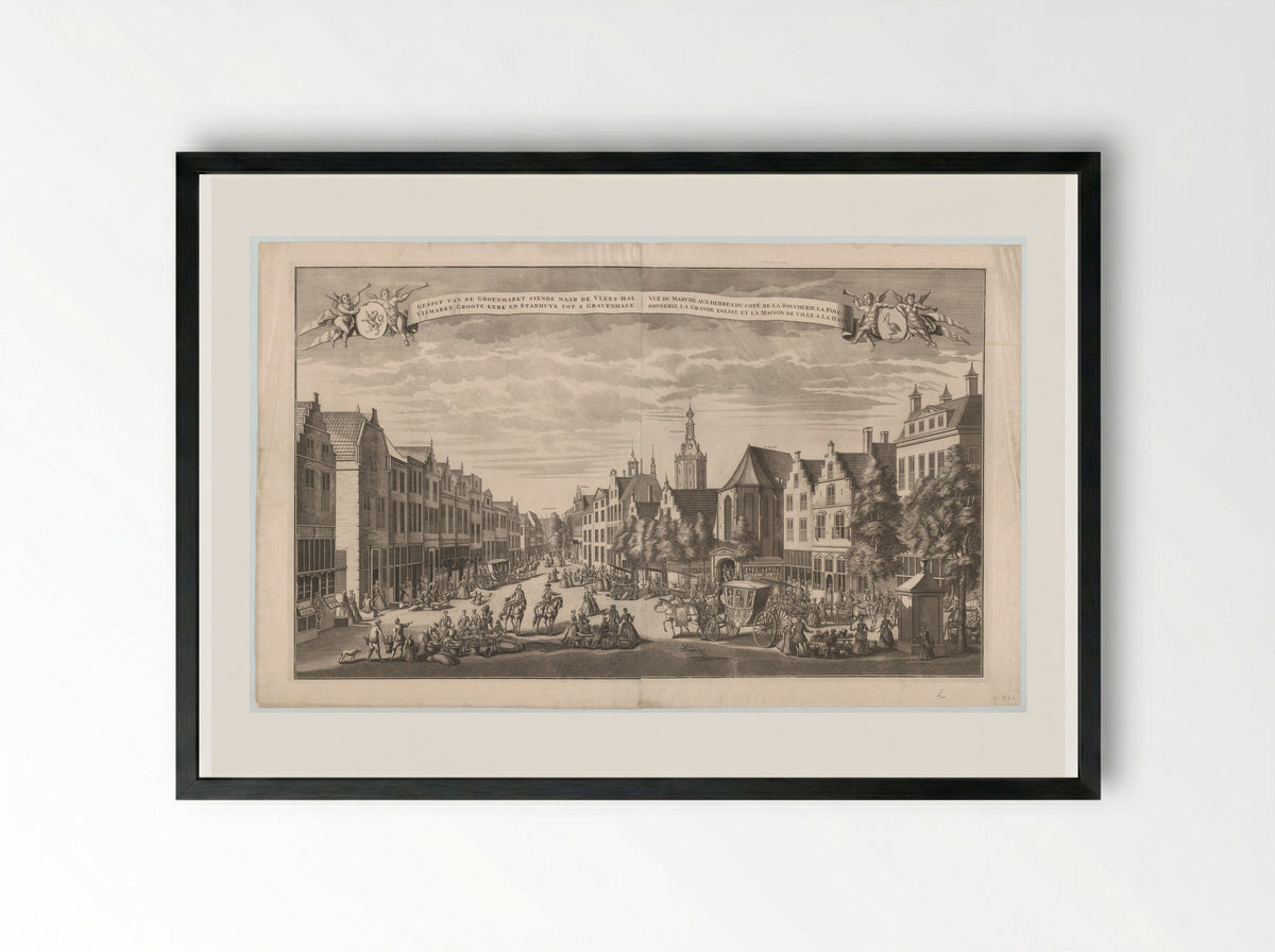 Gezicht op de Groenmarkt, de Vleeshal en Grote Kerk in Den Haag - Leonard Schenk - Framed Print Black