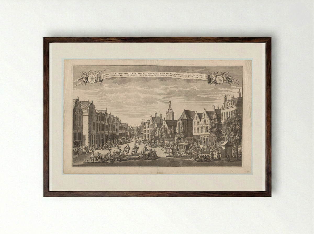 Gezicht op de Groenmarkt, de Vleeshal en Grote Kerk in Den Haag - Leonard Schenk - Framed Print Dark Wood