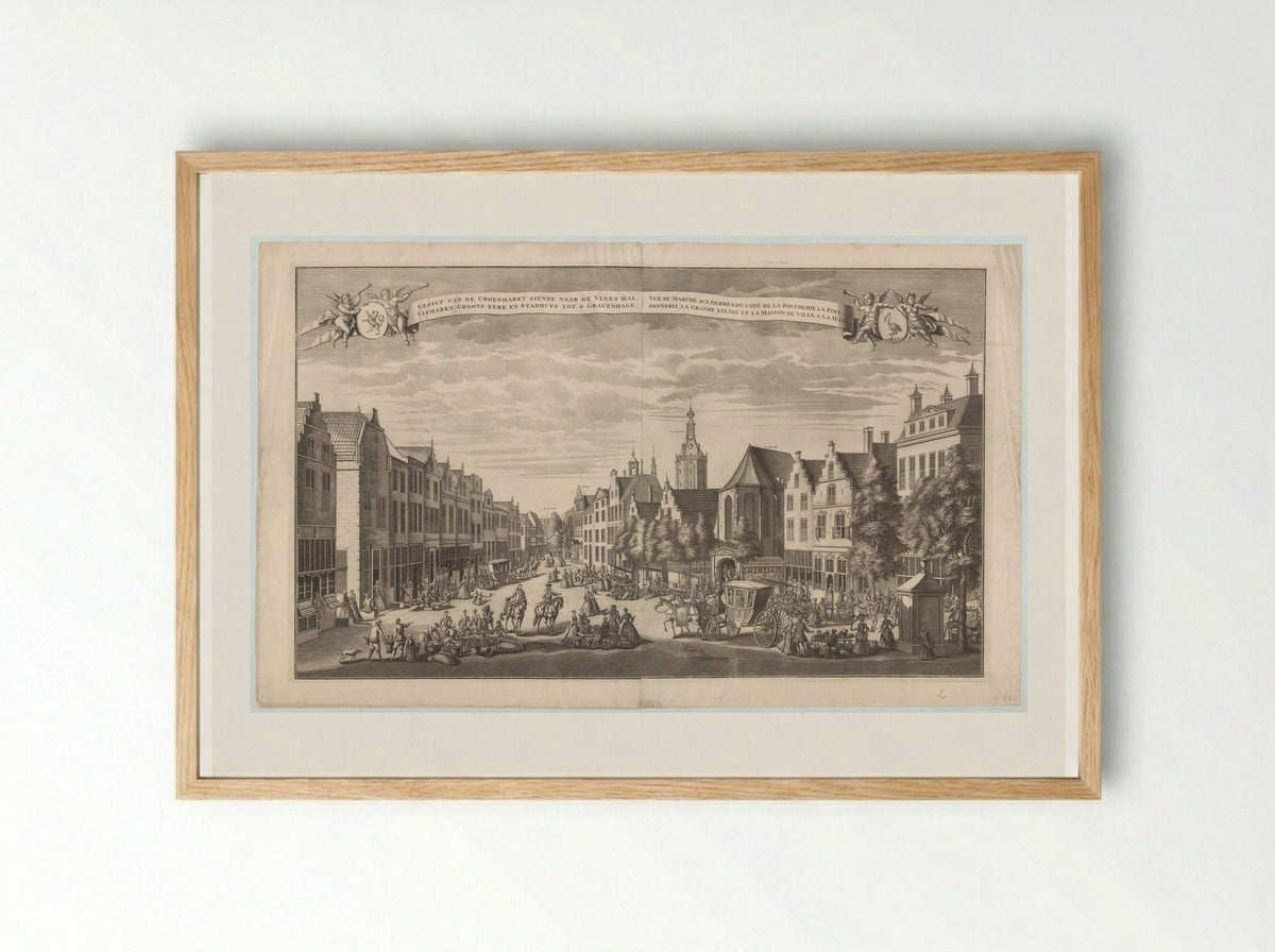 Gezicht op de Groenmarkt, de Vleeshal en Grote Kerk in Den Haag - Leonard Schenk - Framed Print Wood