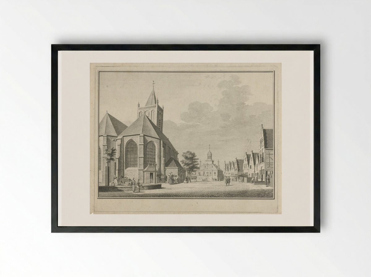 Gezicht op de Grote Kerk en het Oude Stadhuis aan de Markt te Vlaardingen - Jan Caspar Philips - Framed Print Black