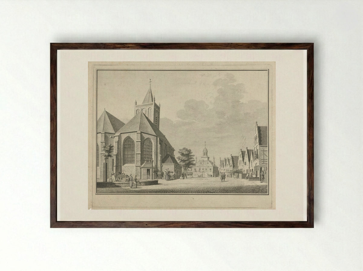 Gezicht op de Grote Kerk en het Oude Stadhuis aan de Markt te Vlaardingen - Jan Caspar Philips - Framed Print Dark Wood