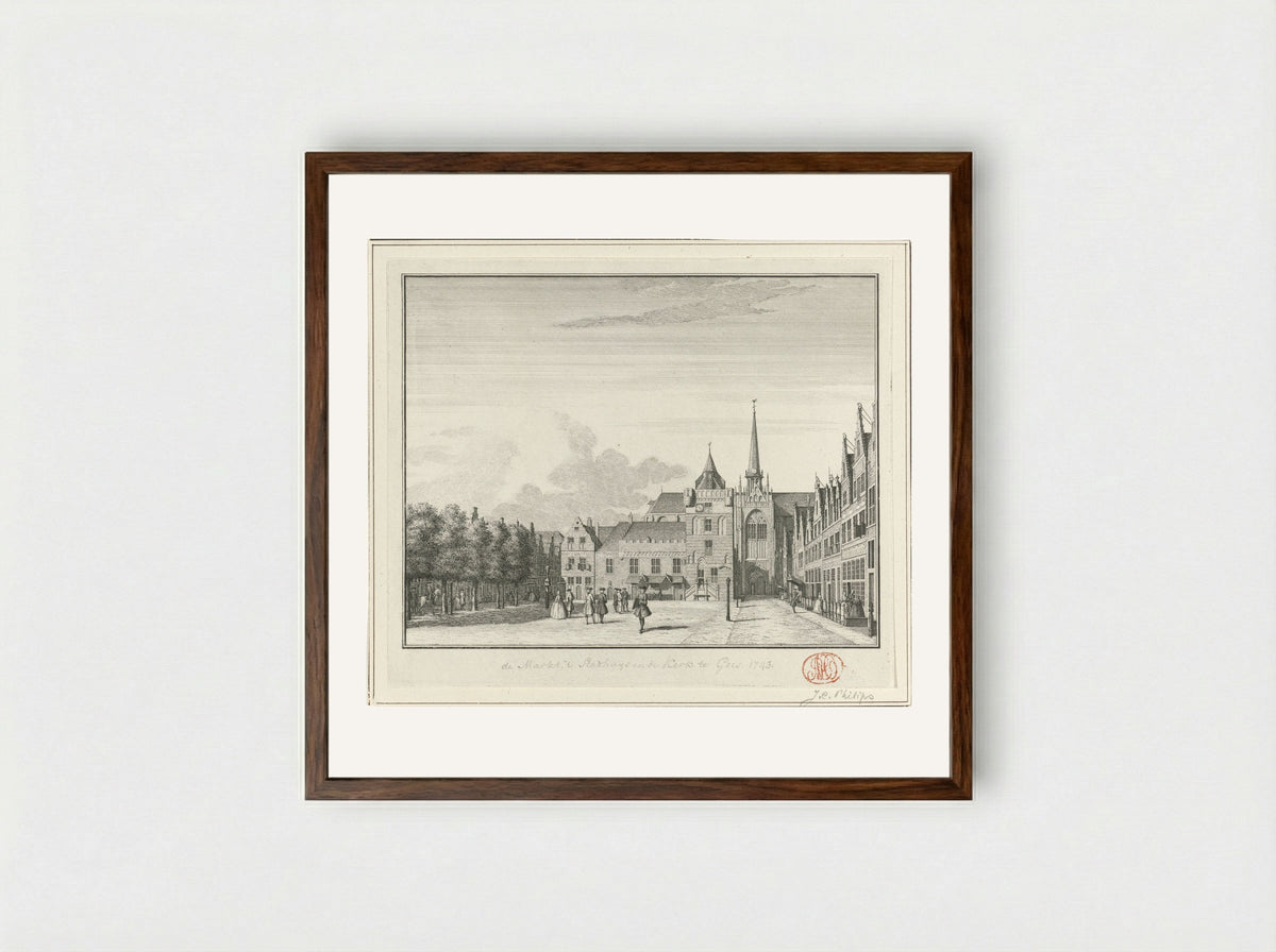 Gezicht op de Grote Markt, het stadhuis en de Grote Kerk te Goes - Jan Caspar Philips - Framed Print Dark Wood