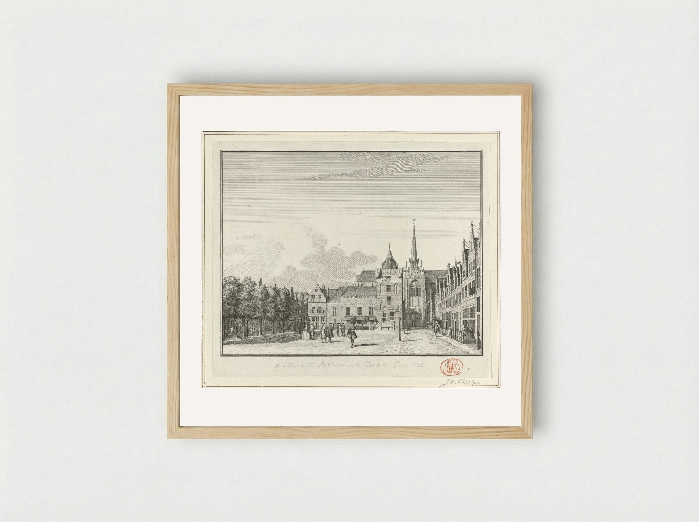 Gezicht op de Grote Markt, het stadhuis en de Grote Kerk te Goes - Jan Caspar Philips - Framed Print Wood