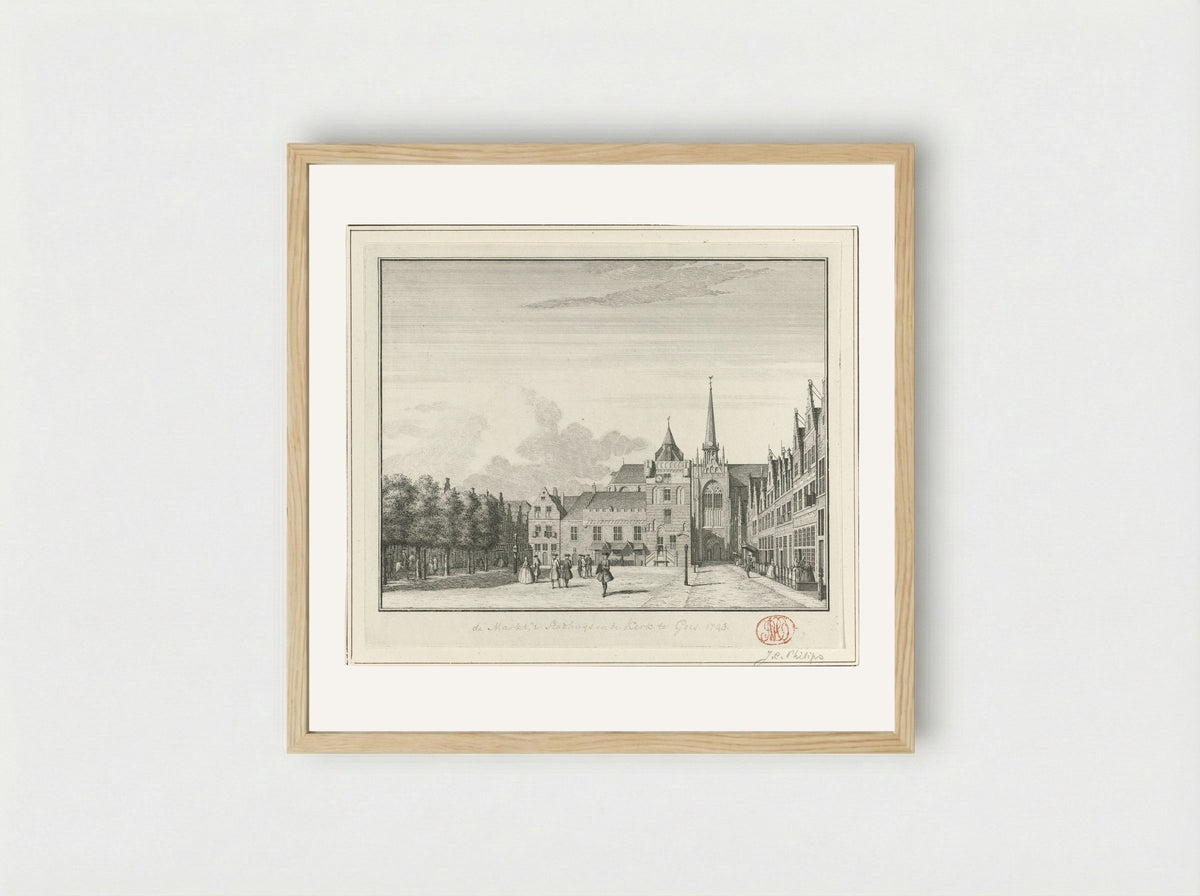 Gezicht op de Grote Markt, het stadhuis en de Grote Kerk te Goes - Jan Caspar Philips - Framed Print Wood