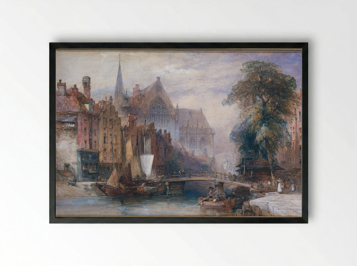 Gezicht op de Nieuwe Kerk en de Nieuwezijds Voorburgwal te Amsterdam, vanuit het Noorden - William Callow - Framed Print Black
