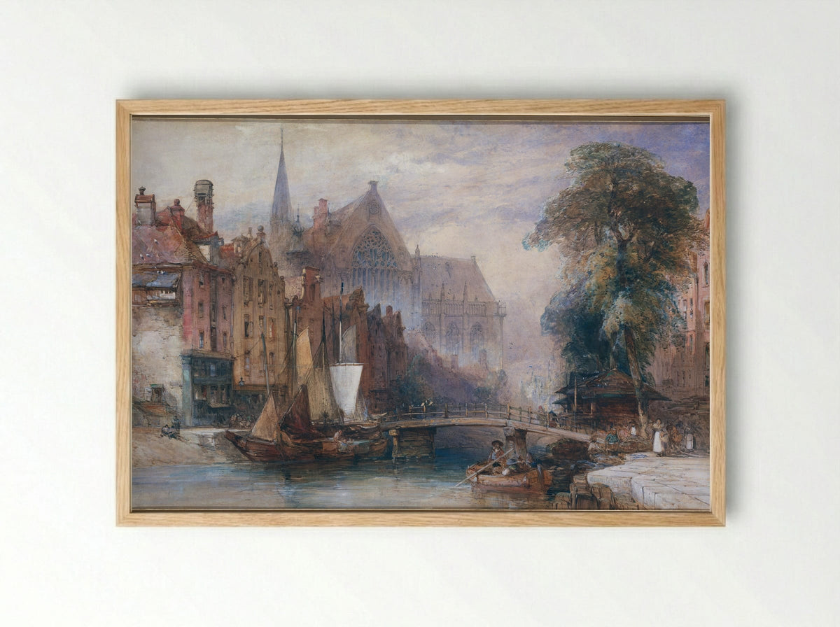 Gezicht op de Nieuwe Kerk en de Nieuwezijds Voorburgwal te Amsterdam, vanuit het Noorden - William Callow - Framed Print Wood