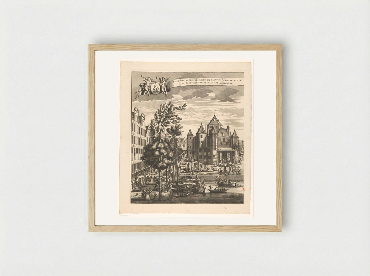 Gezicht op de Nieuwmarkt te Amsterdam (linkerdeel) - Leonard Schenk - Framed Print Wood
