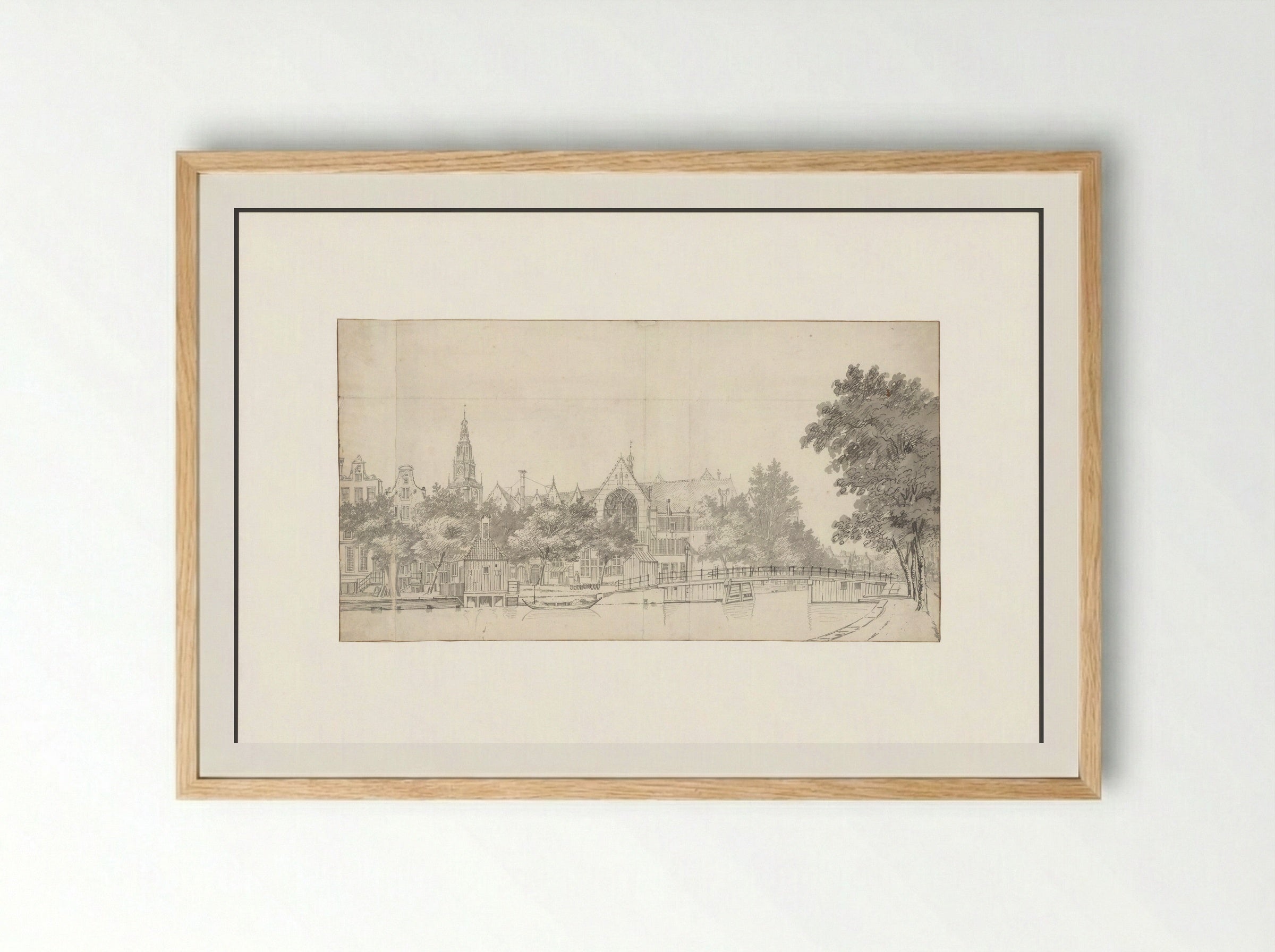 Gezicht op de Oude Kerk vanaf de Oudezijds Voorburgwal - Jan de Beijer - Framed Print Wood