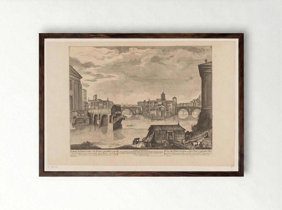 Gezicht op de Ponte Rotto en de Pons Fabricius - Bouchard & J.J. Gravier - Framed Print Dark Wood