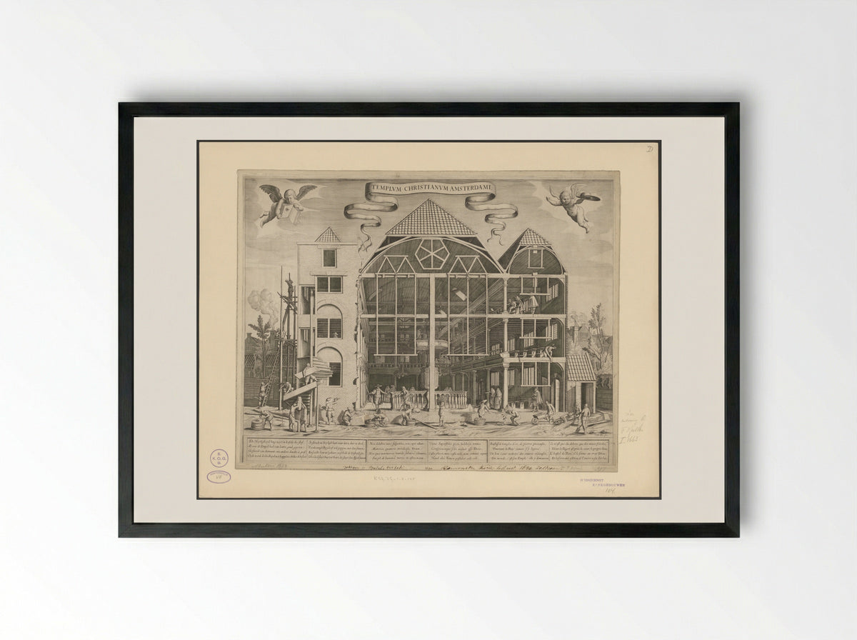 Gezicht op de Remonstrantse Kerk aan de Keizersgracht te Amsterdam in aanbouw - Joost van den Vondel - Framed Print Black