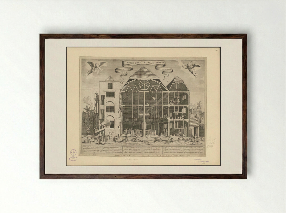 Gezicht op de Remonstrantse Kerk aan de Keizersgracht te Amsterdam in aanbouw - Joost van den Vondel - Framed Print Dark Wood