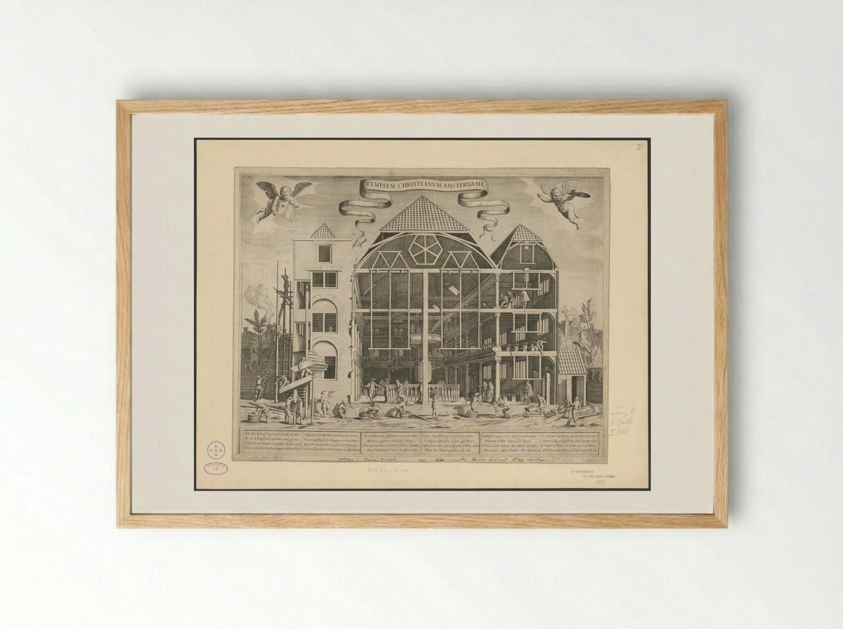 Gezicht op de Remonstrantse Kerk aan de Keizersgracht te Amsterdam in aanbouw - Joost van den Vondel - Framed Print Wood