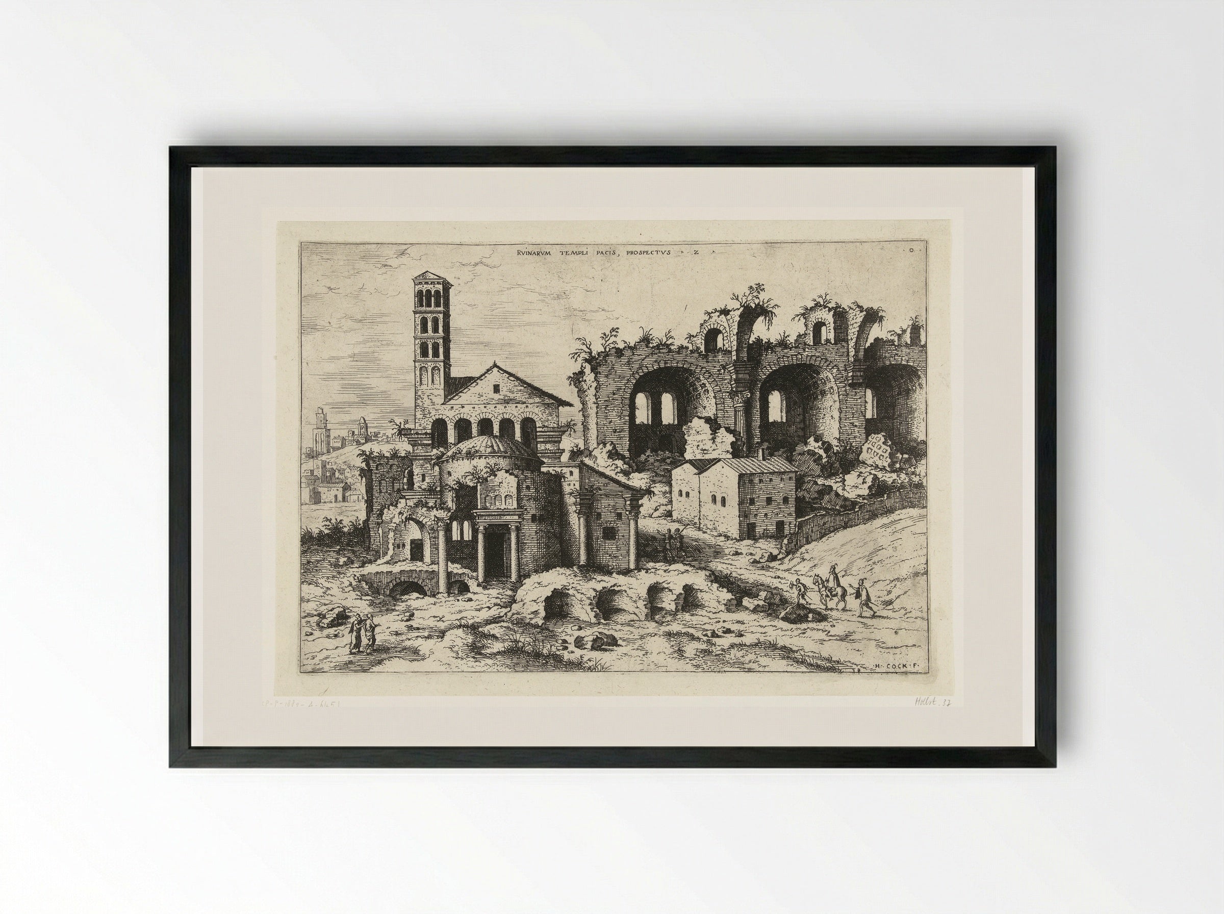 Gezicht op de Tempel van Romulus en de basiliek van Constantijn - Hieronymus Cock - Framed Print Black