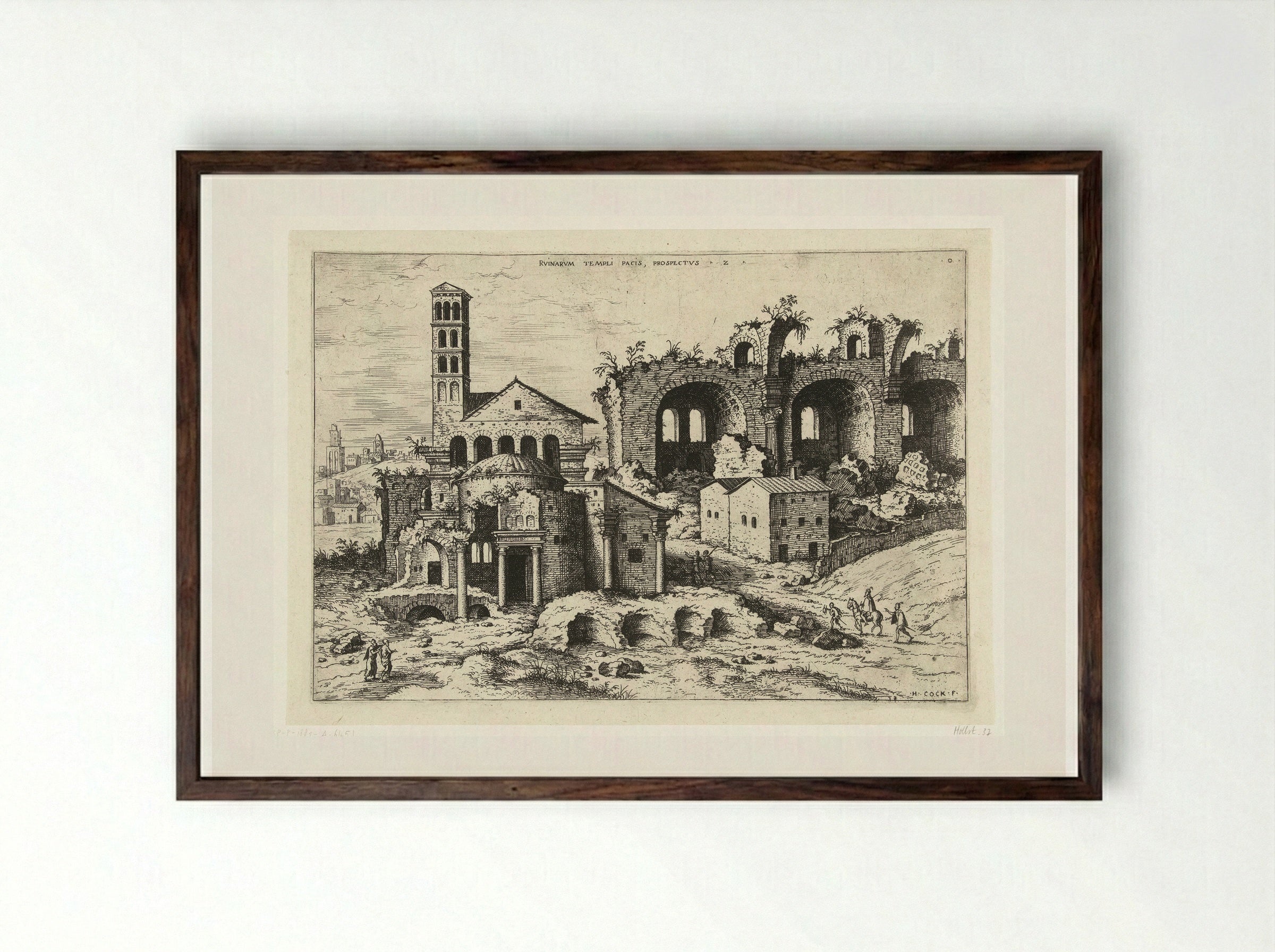 Gezicht op de Tempel van Romulus en de basiliek van Constantijn - Hieronymus Cock - Framed Print Dark Wood