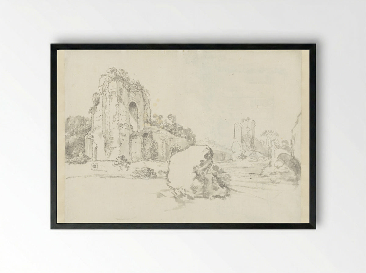 Gezicht op de Thermen van Caracalla in Rome, met een grote rots op de voorgrond - Guilliam du Gardijn - Framed Print Black