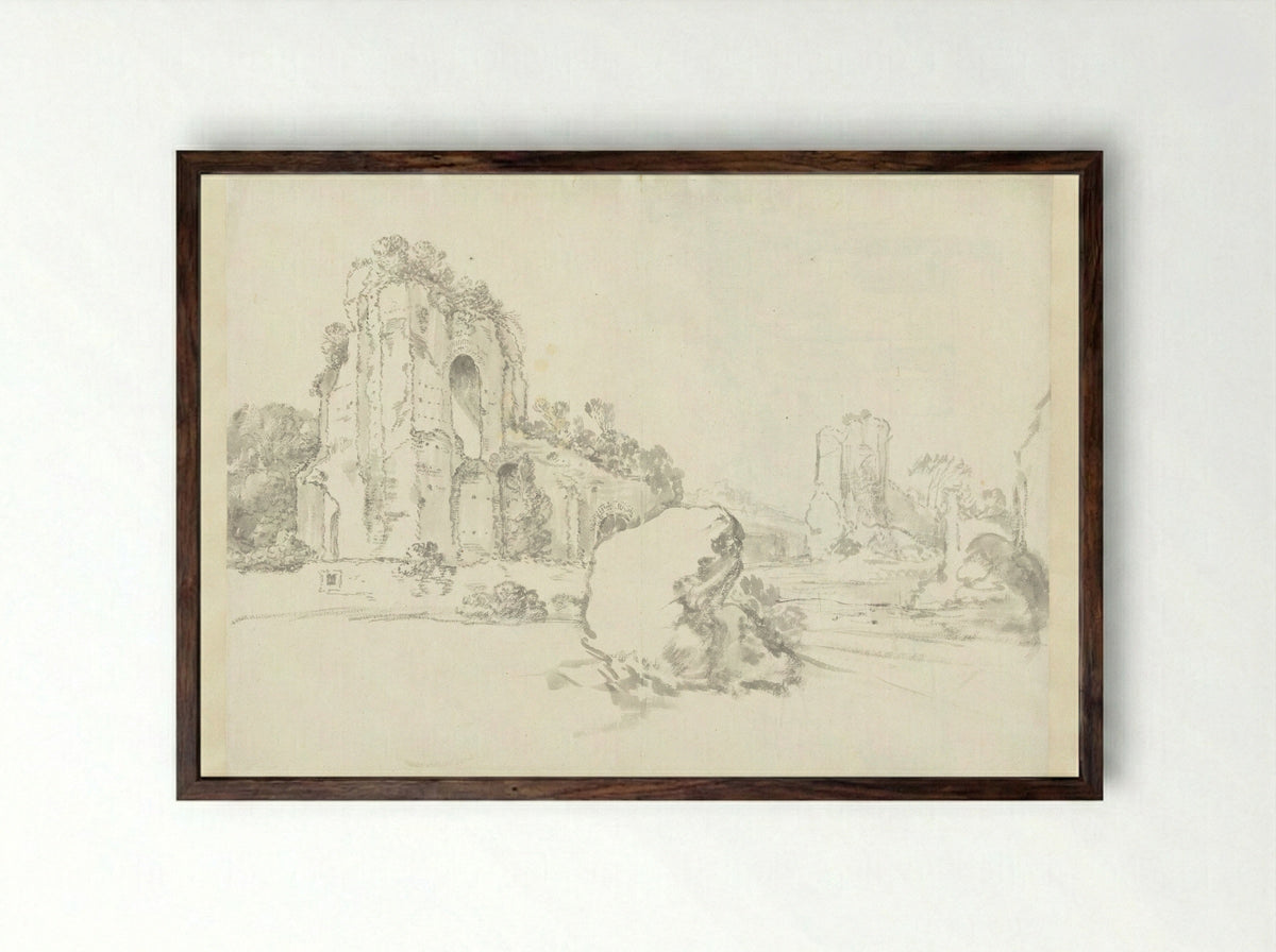 Gezicht op de Thermen van Caracalla in Rome, met een grote rots op de voorgrond - Guilliam du Gardijn - Framed Print Dark Wood