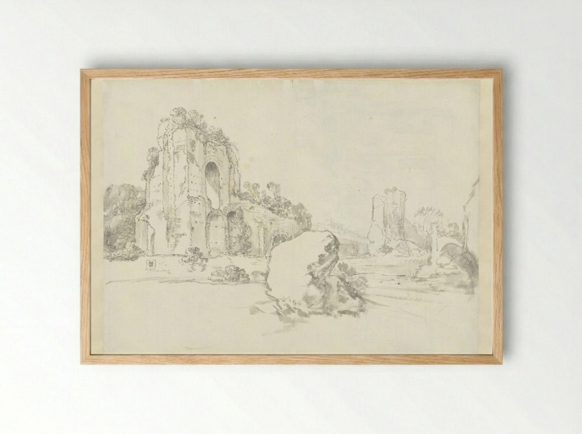 Gezicht op de Thermen van Caracalla in Rome, met een grote rots op de voorgrond - Guilliam du Gardijn - Framed Print Wood