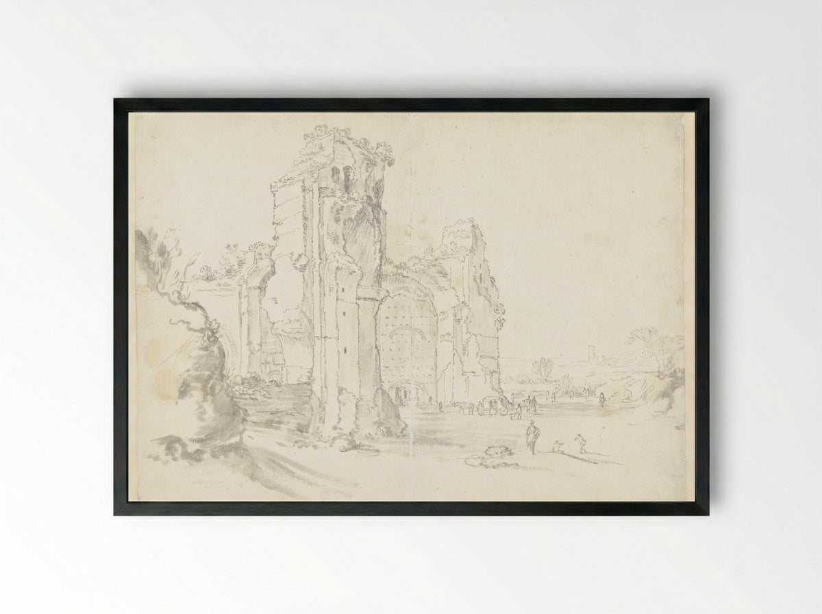 Gezicht op de Thermen van Caracalla in Rome, met vooraanstaande bezoekers en een koets - Guilliam du Gardijn - Framed Print Black