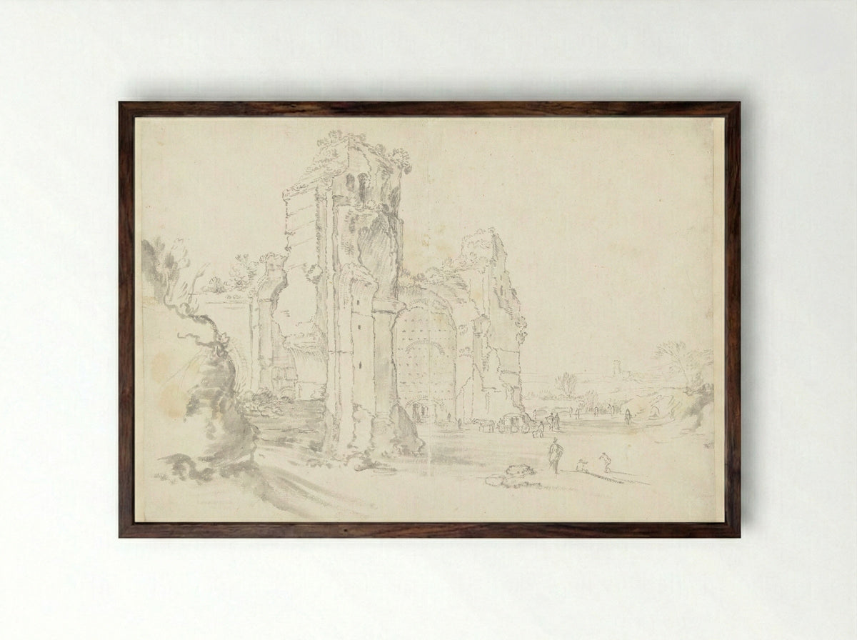 Gezicht op de Thermen van Caracalla in Rome, met vooraanstaande bezoekers en een koets - Guilliam du Gardijn - Framed Print Dark Wood