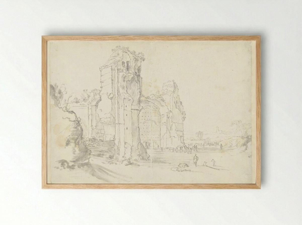 Gezicht op de Thermen van Caracalla in Rome, met vooraanstaande bezoekers en een koets - Guilliam du Gardijn - Framed Print Wood