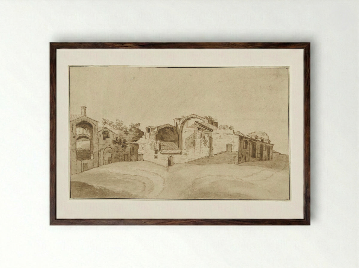 Gezicht op de Thermen van Diocletianus te Rome - Charles-Louis Clérisseau - Framed Print Dark Wood