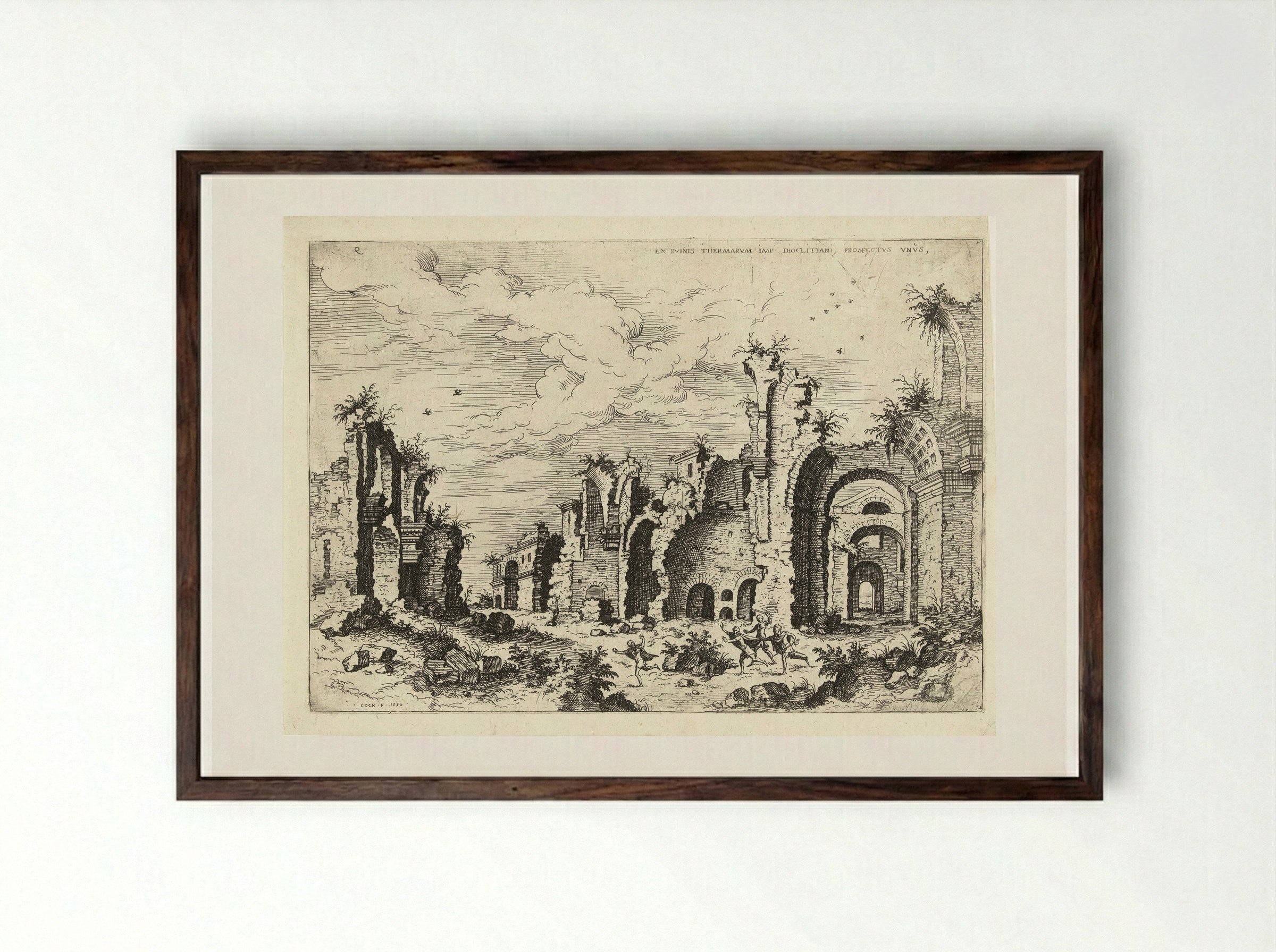 Gezicht op de Thermen van Diocletianus - Hieronymus Cock - Framed Print Dark Wood