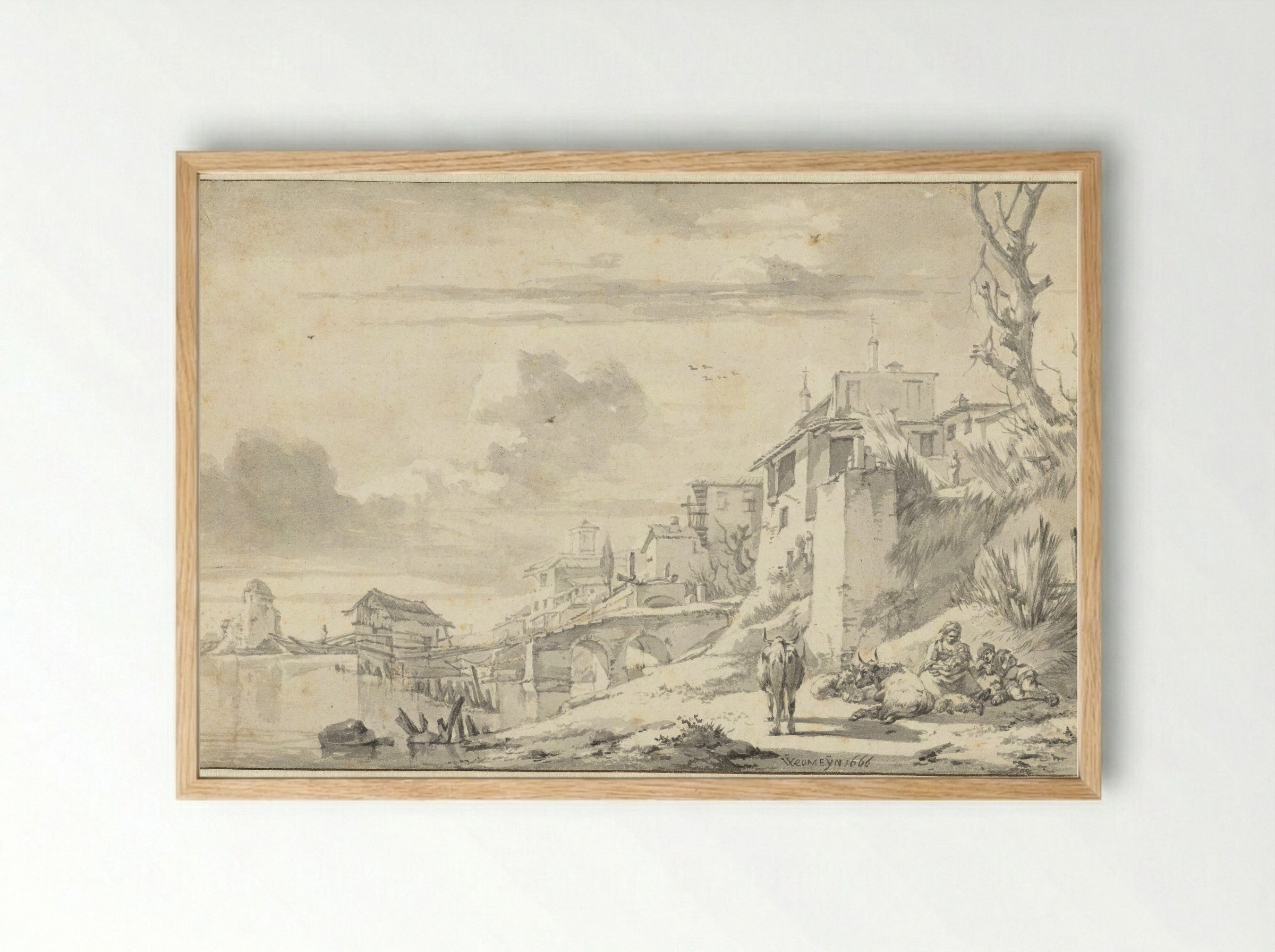 Gezicht op de Tiberoever - Willem Romeyn - Framed Print Wood