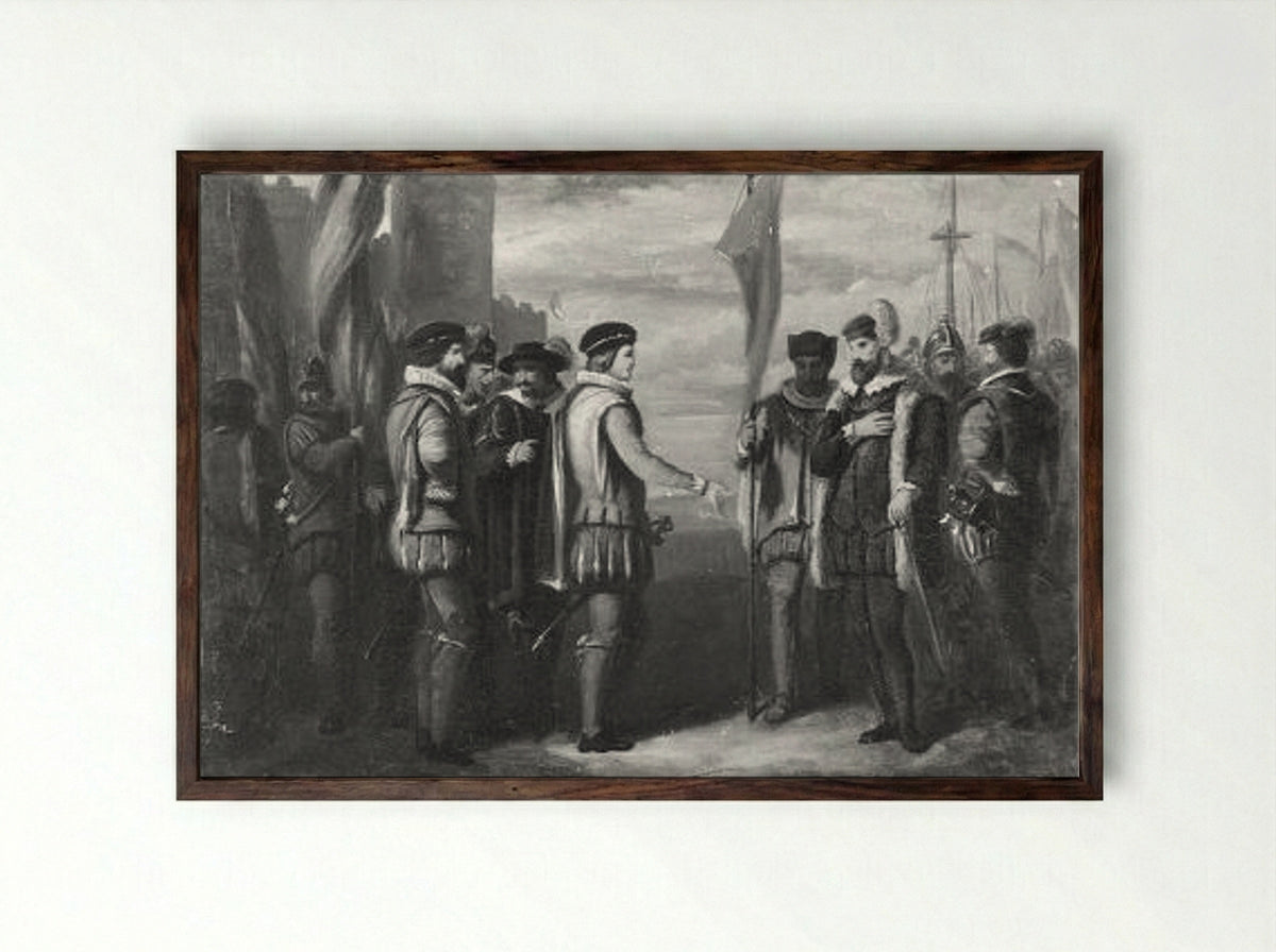 Gezicht op de binnenplaats van de Beurs van Hendrick de Keyser in Amsterdam - Augustin Taurel - Framed Print Dark Wood