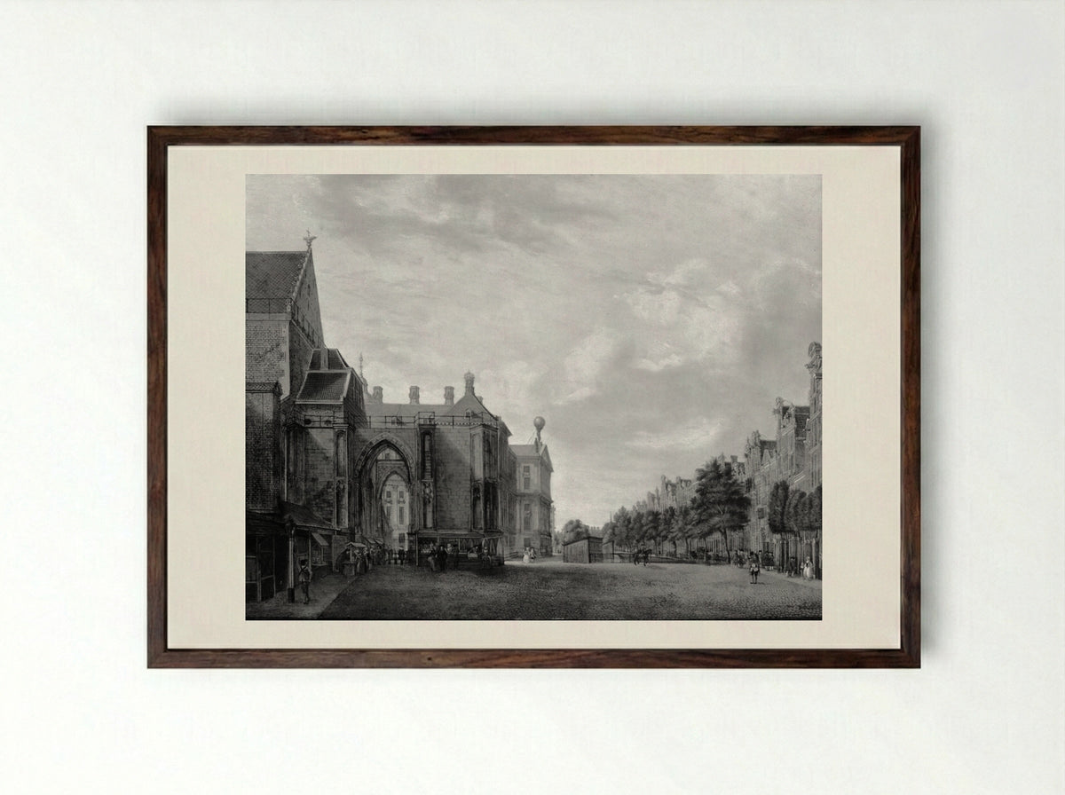 Gezicht op de bocht van de Herengracht, gezien in de richting van de Nieuwe Spiegelstraat - Jan de Beijer - Framed Print Dark Wood