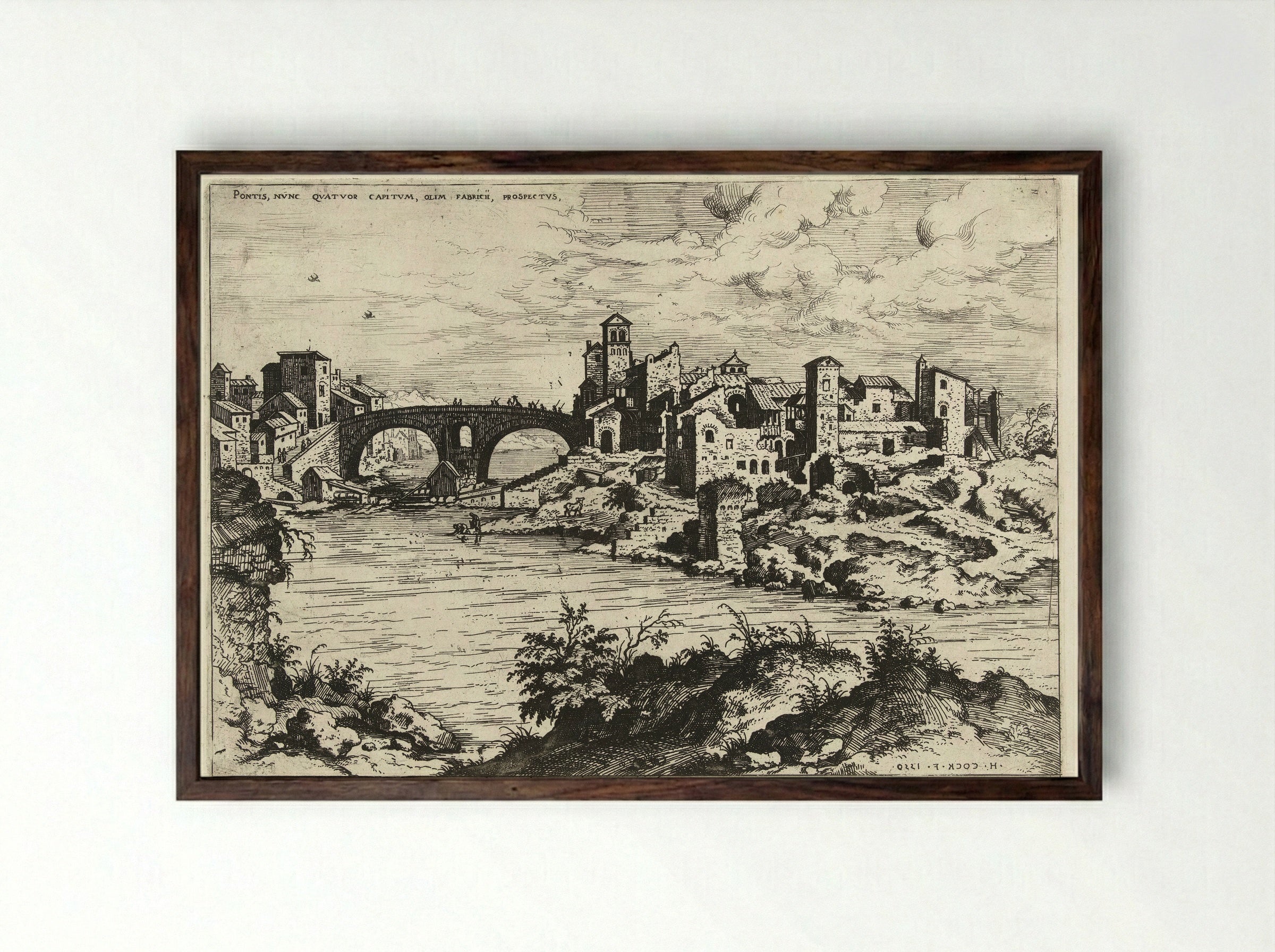 Gezicht op de brug van Fabricius te Rome - Hieronymus Cock - Framed Print Dark Wood