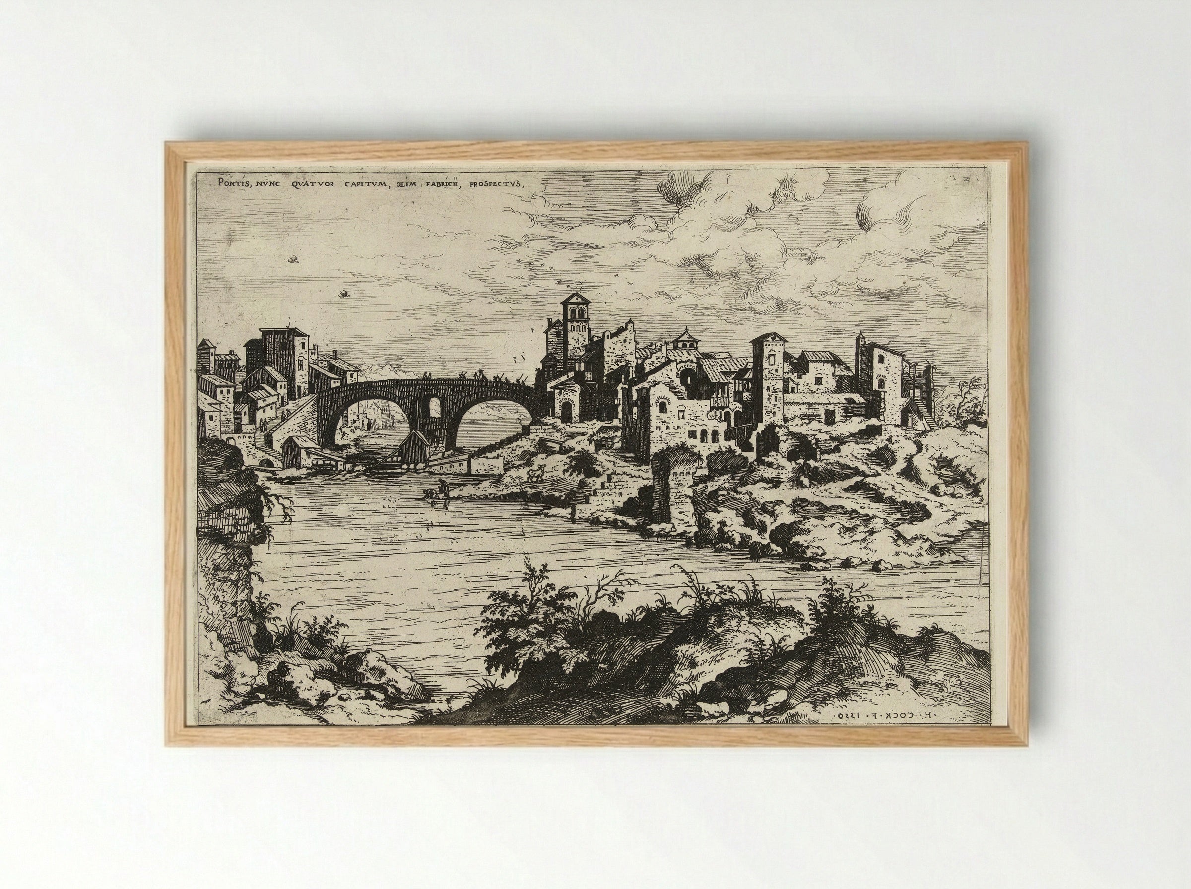 Gezicht op de brug van Fabricius te Rome - Hieronymus Cock - Framed Print Wood