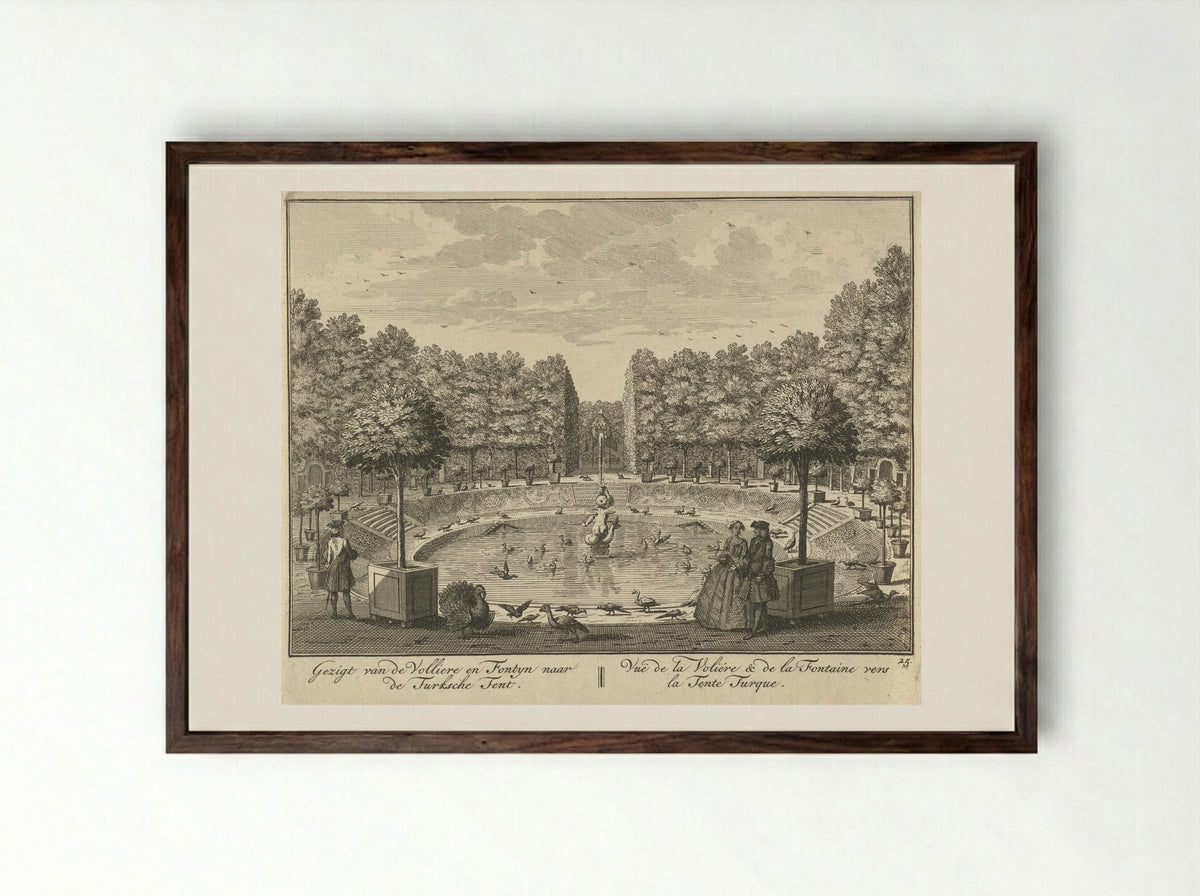 Gezicht op de grote fontein en de Turkse Tent in de tuin van Huis ter Meer te Maarssen - Hendrik de Leth - Framed Print Dark Wood