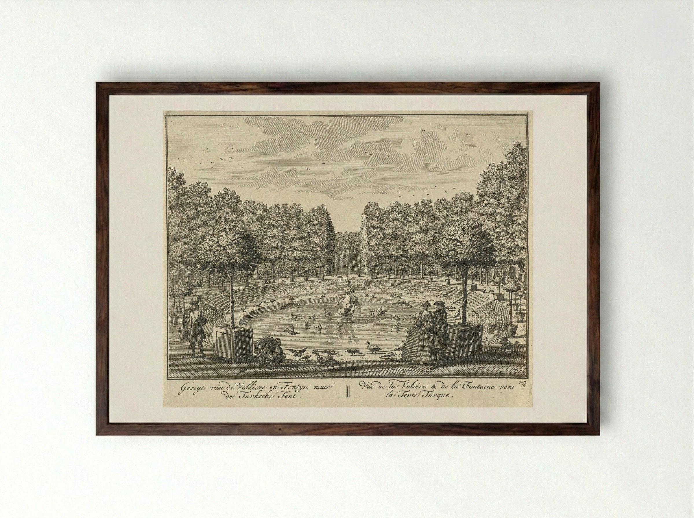 Gezicht op de grote fontein en de Turkse Tent in de tuin van Huis ter Meer te Maarssen - Hendrik de Leth - Framed Print Dark Wood