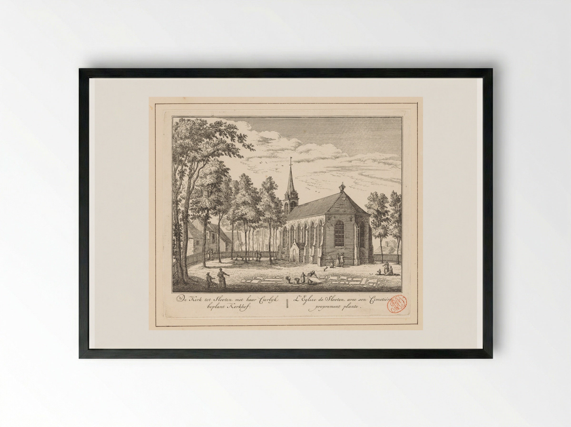 Gezicht op de kerk en het kerkhof te Sloten - Abraham Rademaker - Framed Print Black