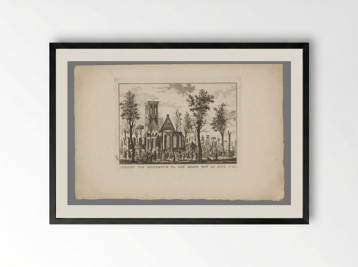 Gezicht op de kerk en het rechthuis van Hilversum na de brand van 1766 - Willem Writs - Framed Print Black