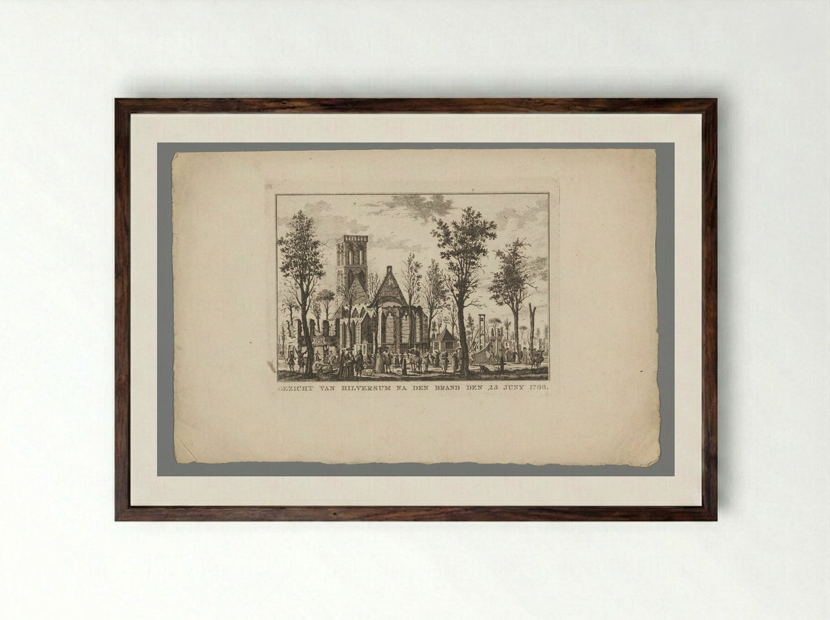 Gezicht op de kerk en het rechthuis van Hilversum na de brand van 1766 - Willem Writs - Framed Print Dark Wood