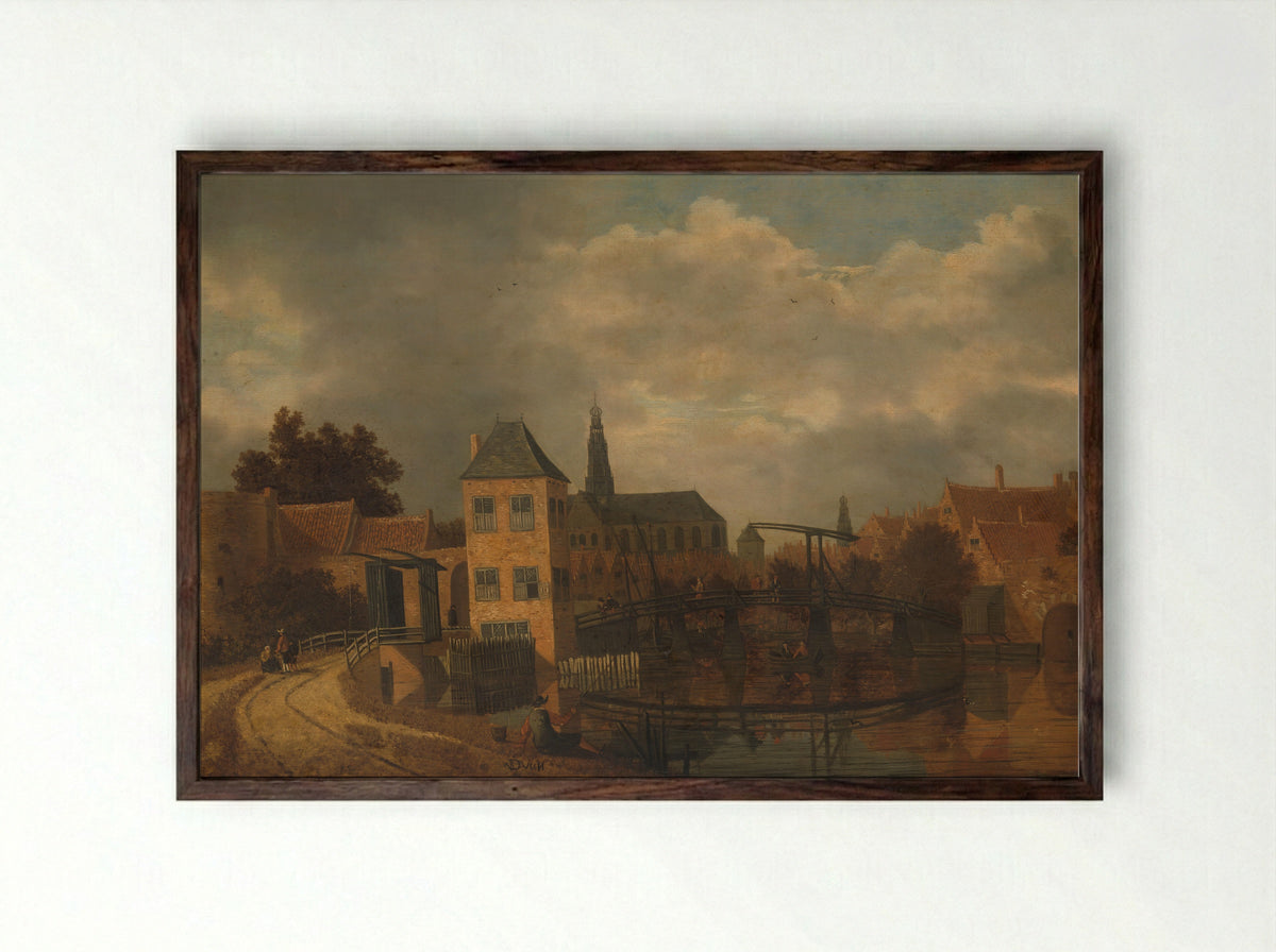 Gezicht op de stad Haarlem over het Spaarne bij de Eendjespoort - Balthasar van der Veen - Framed Print Dark Wood