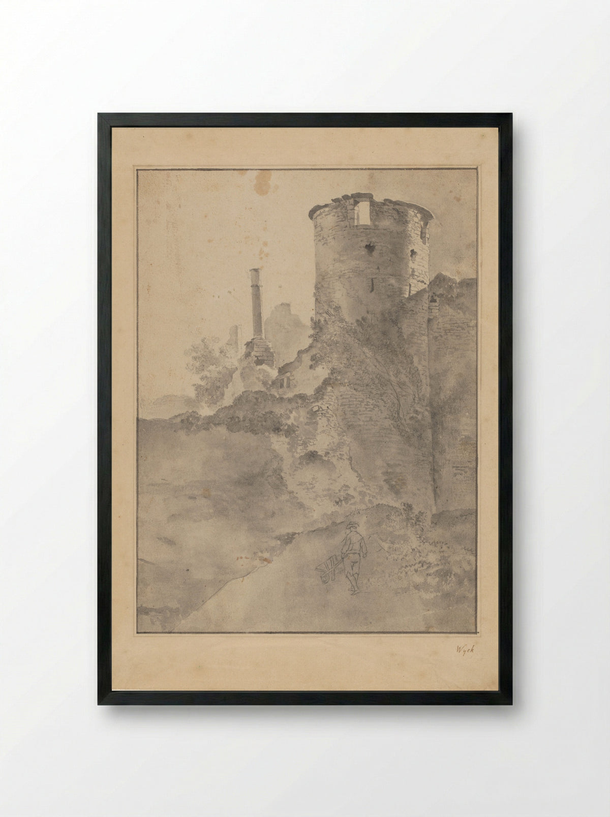 Gezicht op een Italiaanse ronde toren bij een vervallen muur - Jan Lapp - Framed Print Black