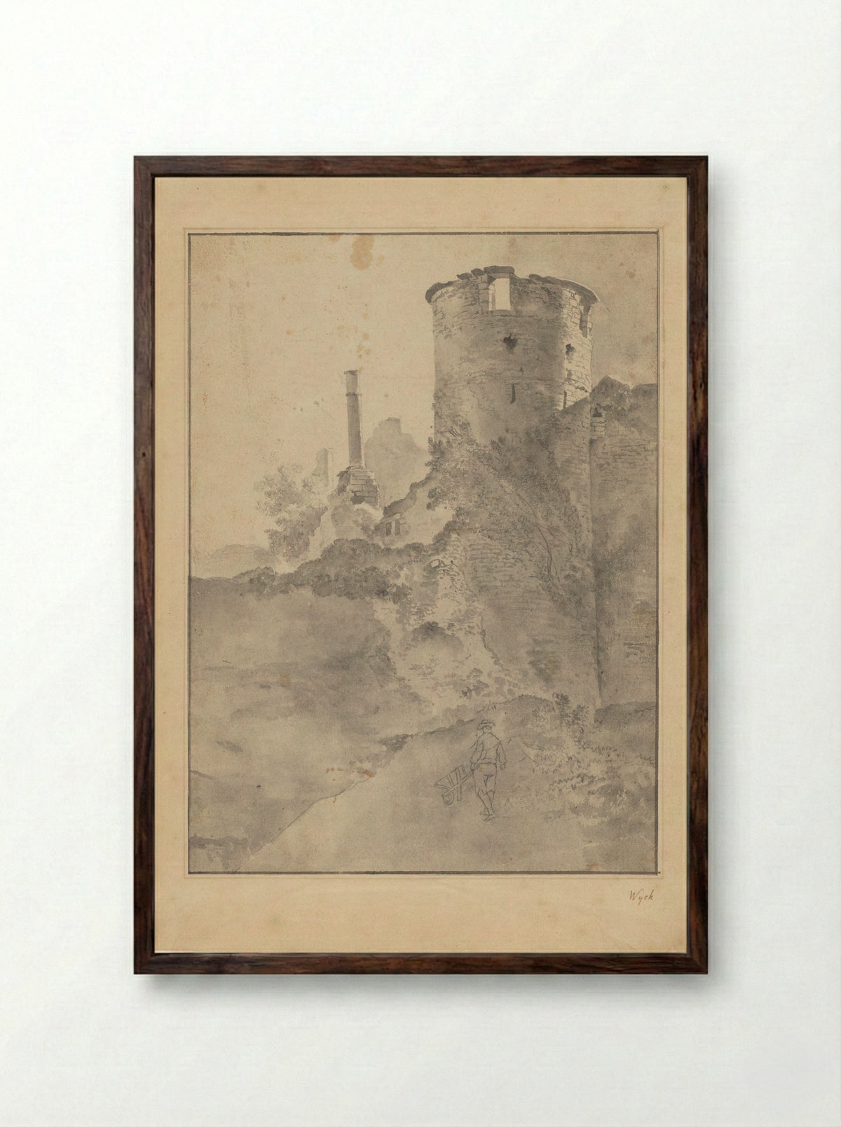 Gezicht op een Italiaanse ronde toren bij een vervallen muur - Jan Lapp - Framed Print Dark Wood